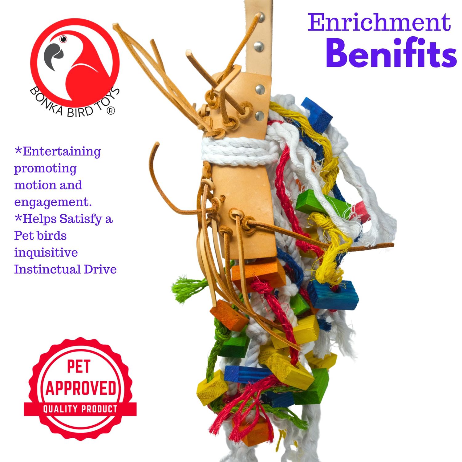 Bonka Bird Toys Leather Saddle Chew Forage Preen Parrot Cage Toy Birds, Macaws, Cockatoos, Conures, Quakers, Ringnecks, Amazons, African Greys and Similar Breeds (2630 Medium)