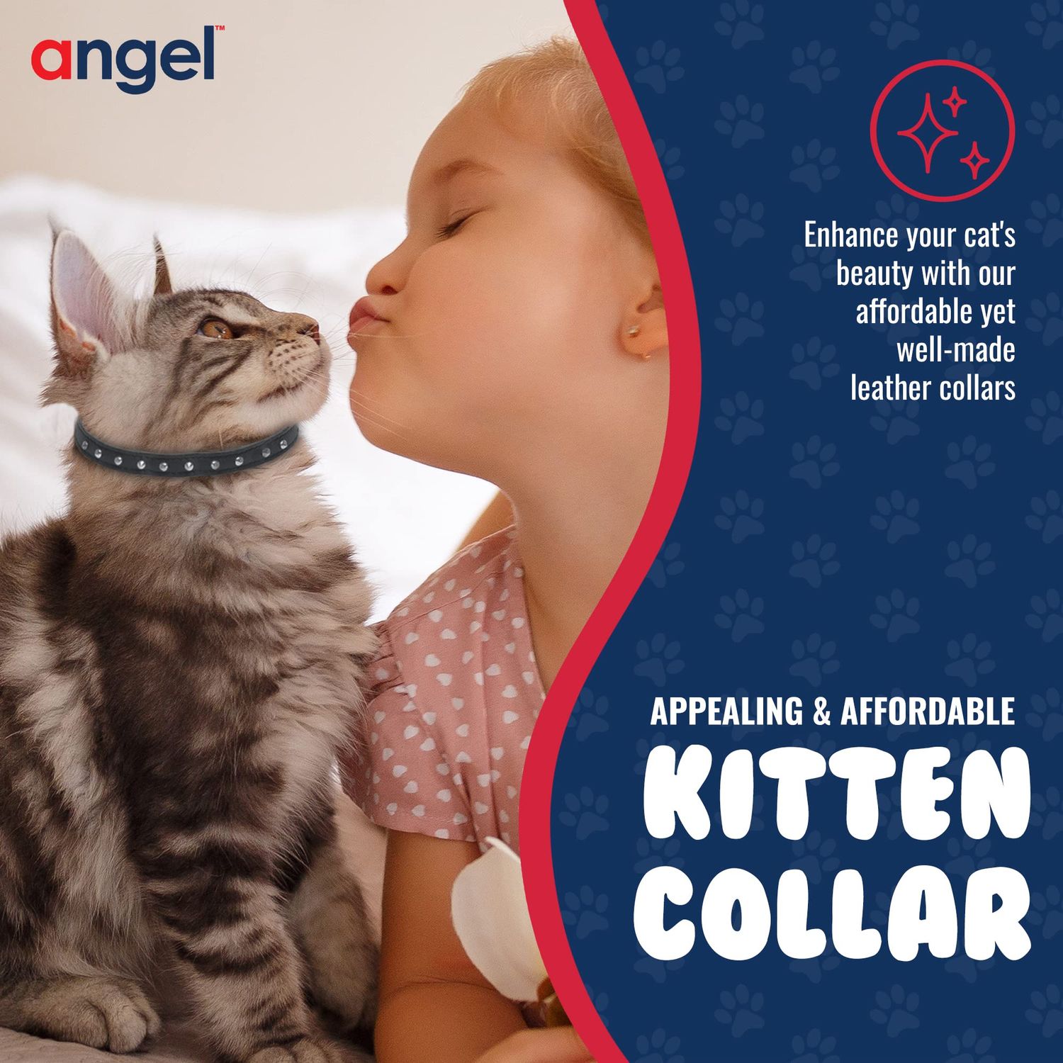 Studded Cat Collar, Genuine Leather Kitten Collar, Sturdy Breakaway Cat Collar, Water-Resistant Cat Collar with Bell & Elastic Stretch, Midnight Black, 10 x 1/2 inches - Angel Pet Supplies