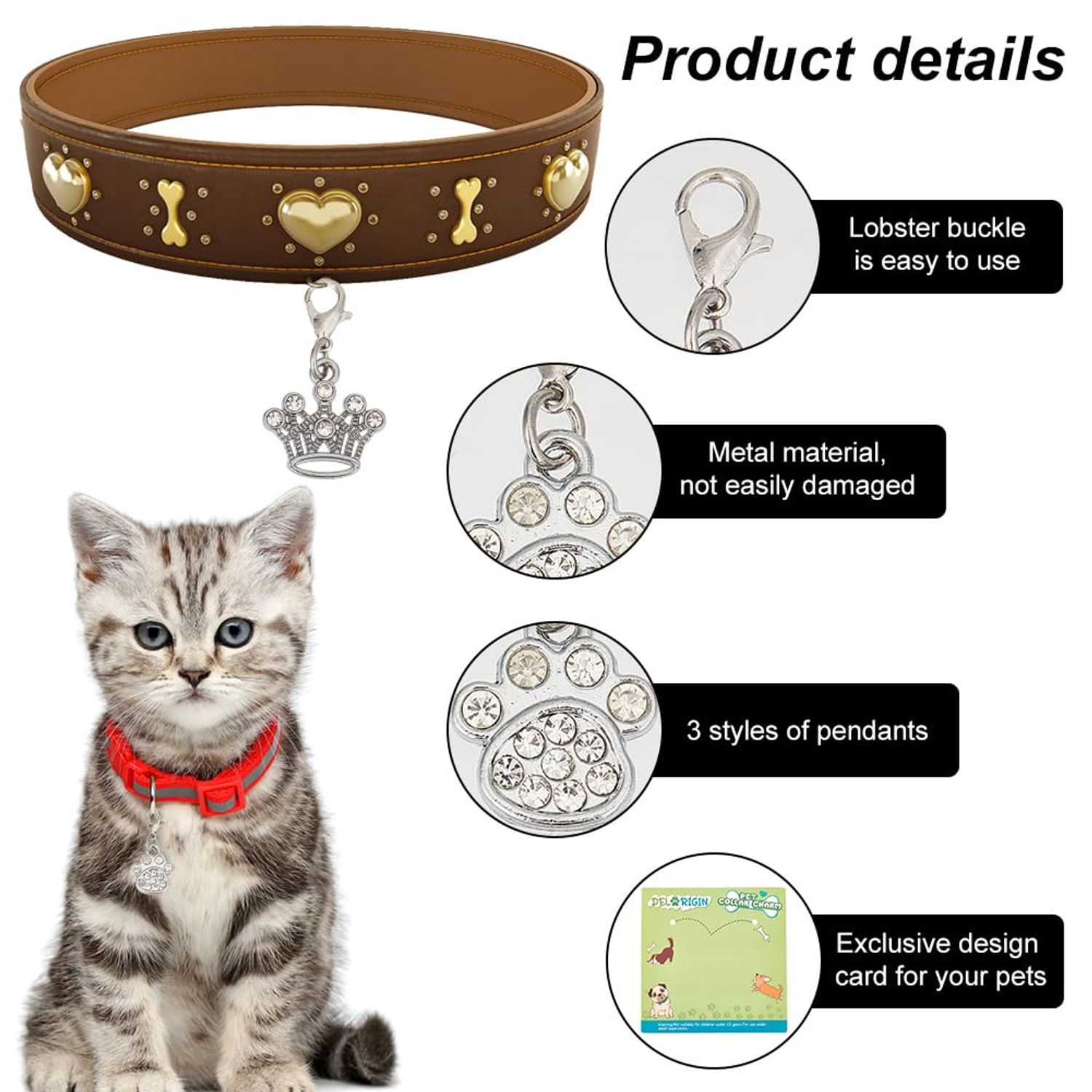 DELORIGIN 12pcs Alloy Pet Collar Charms Pendant 3 Styles Paw Heart Crown Cat Dog Pendants Rhinestone Key Chain Glitter with Carabiner Jewelry Clip-on Charms for Bag Necklace Bracelet Home Decor