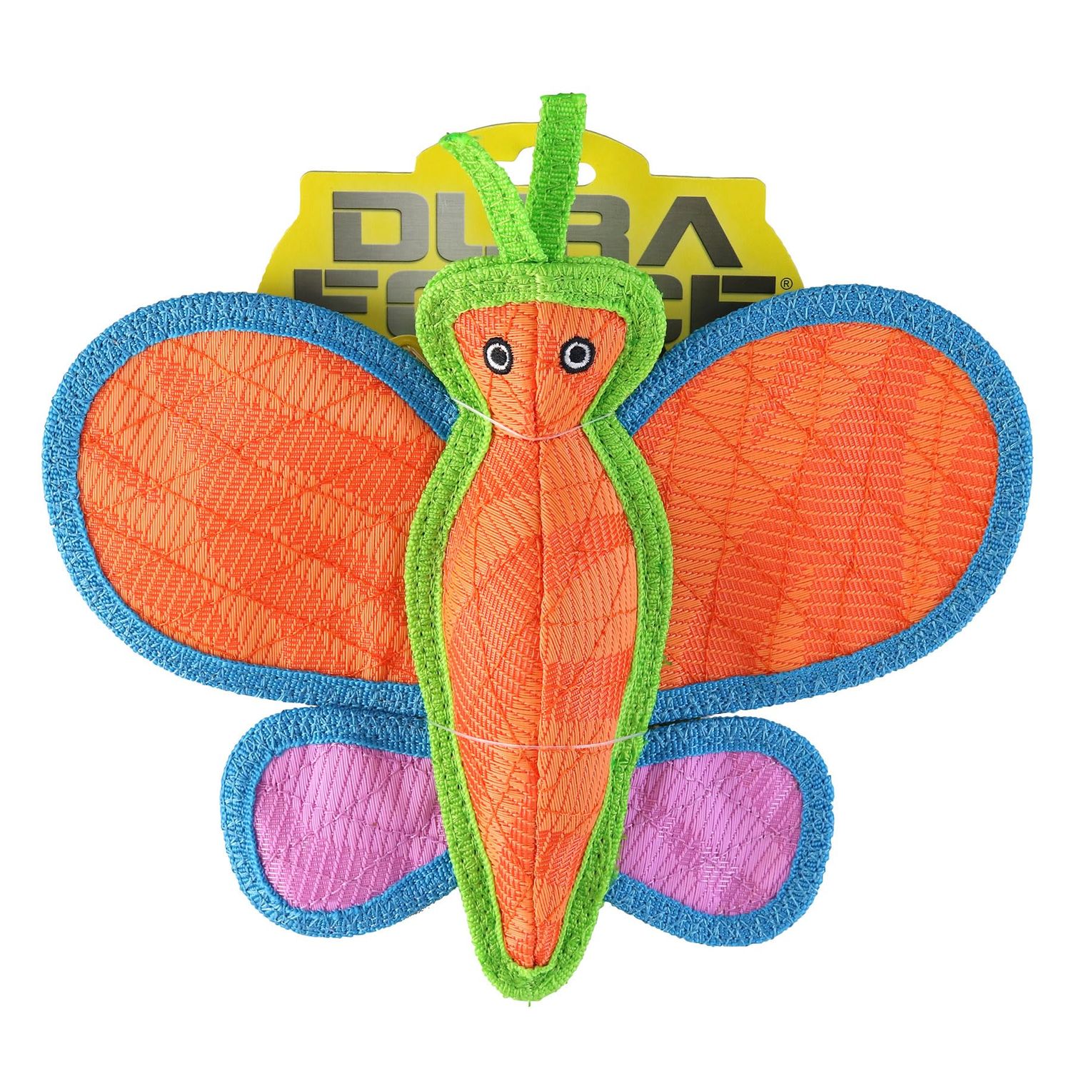 DURA FORCE Durable Woven Fiber - Butterfly - Squeakers - Multiple Layers. Made Durable, Strong & Tough. Interactive Play Dog Toy (Tug, Toss & Fetch). Machine Washable & Floats (Orange Butterfly)