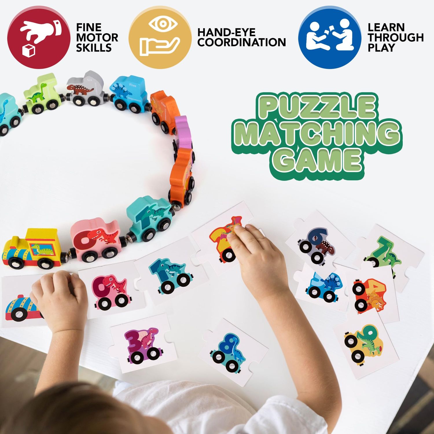 ArtCreativity Wooden Dinosaur Train Counting Set - 10 Pieces - Magnetic Dinosaur Train Set with Fun Counting Puzzle - Dino Train with Magnets, Painted Dinosaurs, Numbers, and Puzzle - Educational Toys