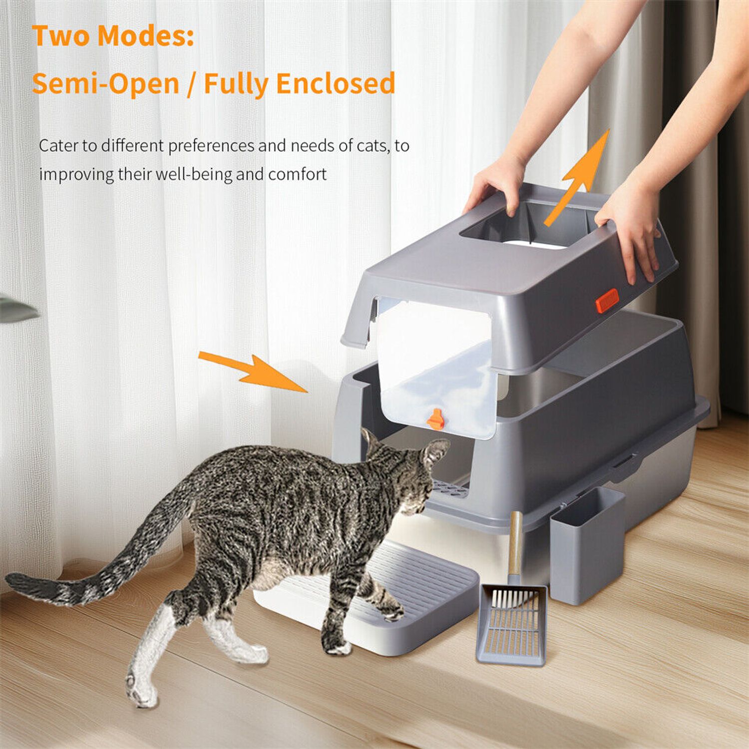 Large Enclosed Cat Litter Pan Easy Cleaning Stainless Steel Cat Toilet Box w Lid