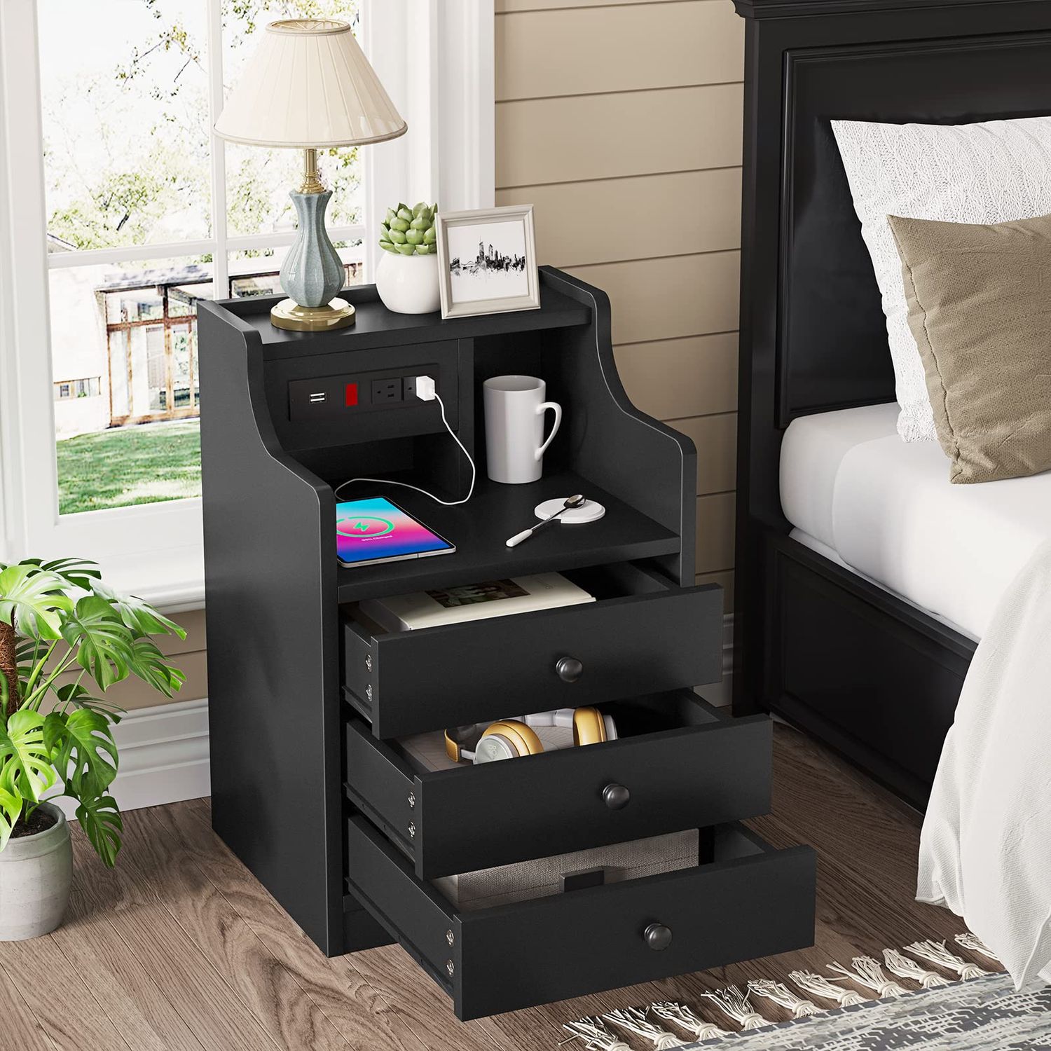 Tiptiper Black Nightstand with Charging Station 3 Drawers, Wood Sofa End Side Table with USB Ports and Outlet, Bedside Table Bedroom Nightstand with Sliding Drawer & Hutch