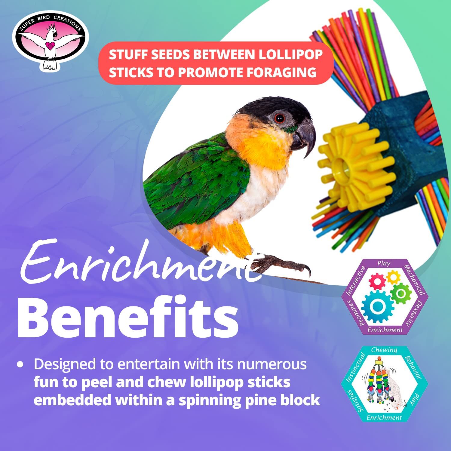 Super Bird Creations SB963 Twirl N' Whirl Bird Toy - Handcrafted Wooden Bird Stuff with Lollipop Sticks & Spinning Block - Relieves Boredom Peeling & Chewing for Parrots, Medium Sized Birds - 6.5"x4"