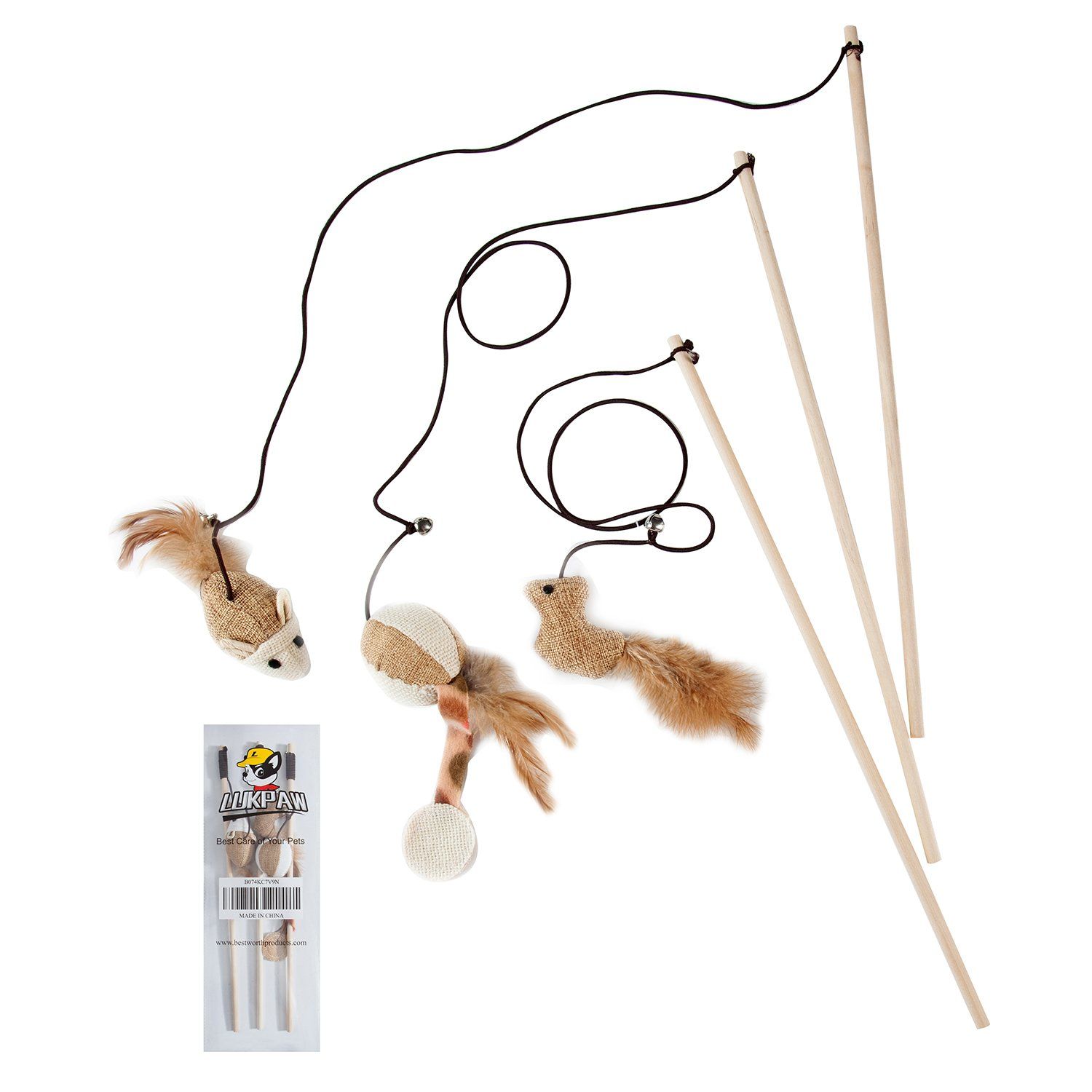 LukPaw Cat Teaser Cat Kitten Toys Set Natural Sisal Wand Teasers with Mouse, Bell, Feather, Elastic String, and Sturdy Wood Rod