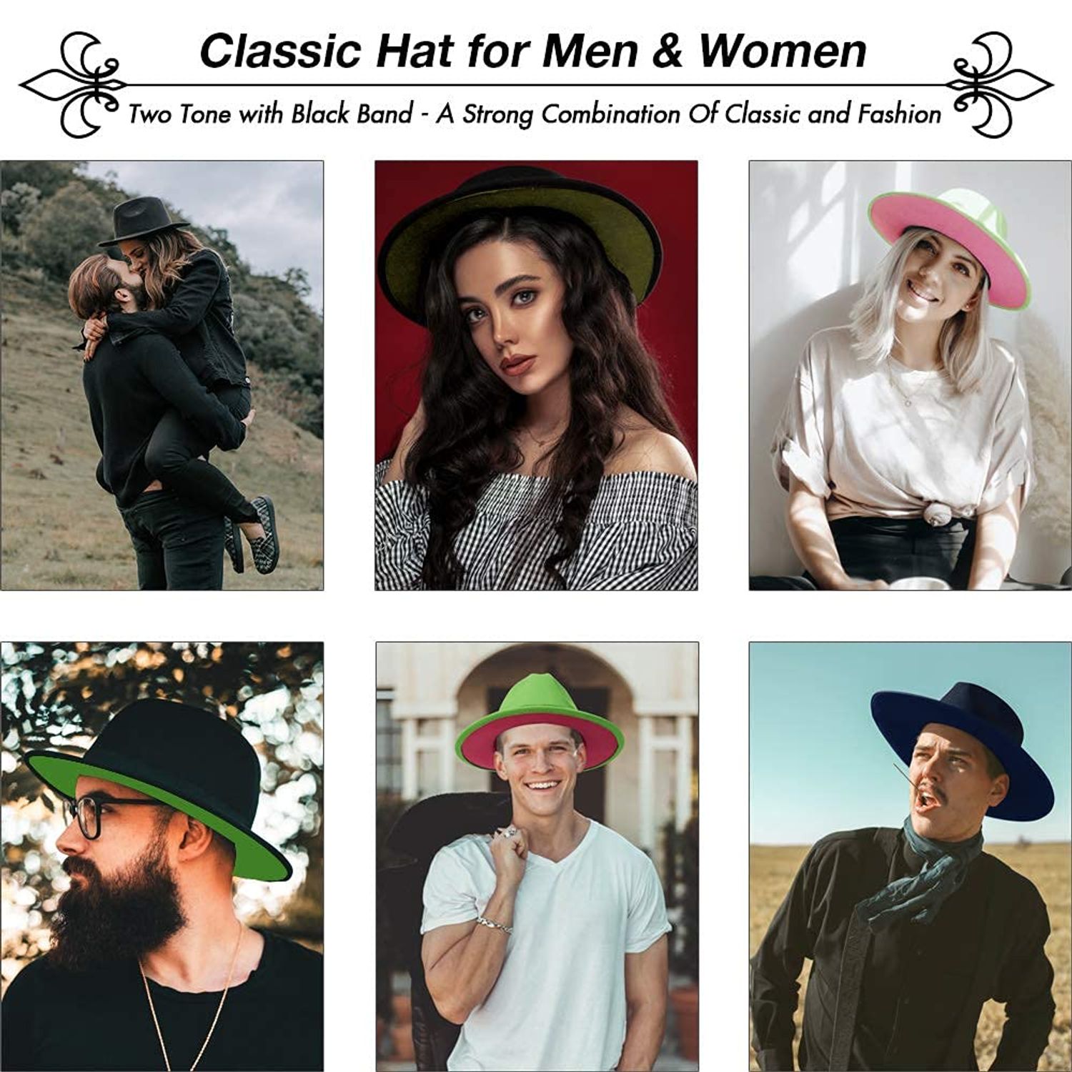 FADACHY Trendy Fedora Hat Wide Brim Panama hat Dress Felt Hat Red Bottom Two Tone, Black L Large XL