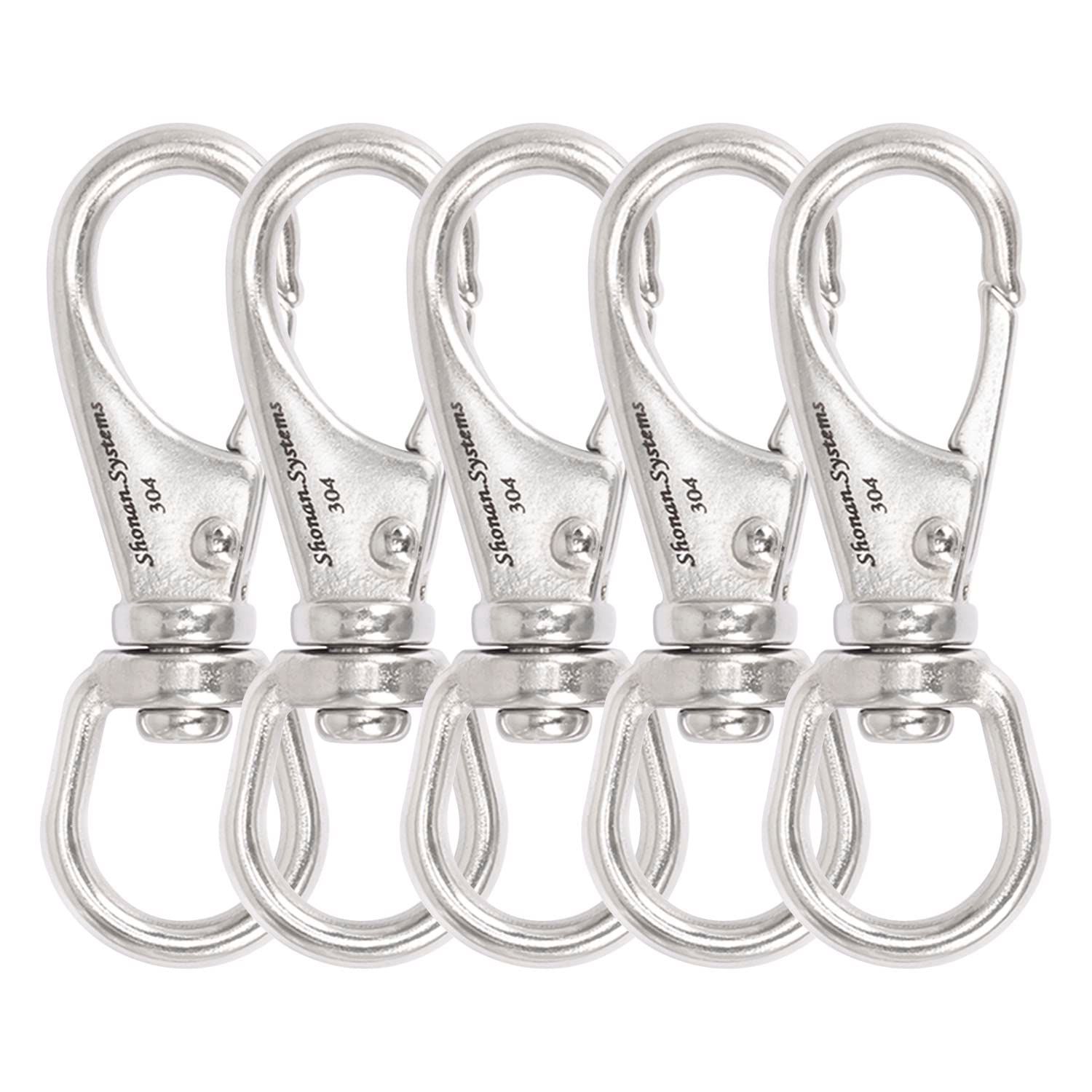 SHONAN 2.7 Inch Swivel Snap Hooks, 5 Pack Small Stainless Steel Spring Clips, Flag Pole Clips, Scuba Diving Clips Spring Hooks for Dog leashes, Keychains, Bird Feeders, Pet Chains and More