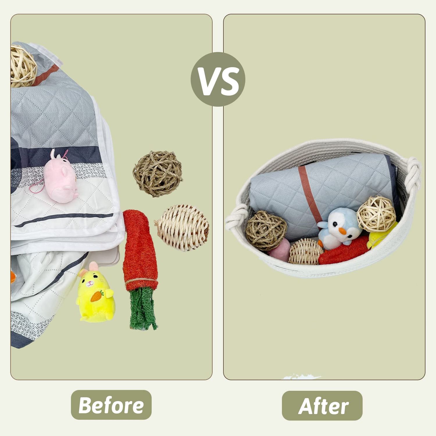 Fhiny Cotton Rope Dog Toy Basket with Handle Puppy Toys Storage Bin Small Woven Rectangle Diapers Pet Kitty Bed Perfect for Carry Pet Chew Toys Blankets Leashes Doggie Stuff - Beige L