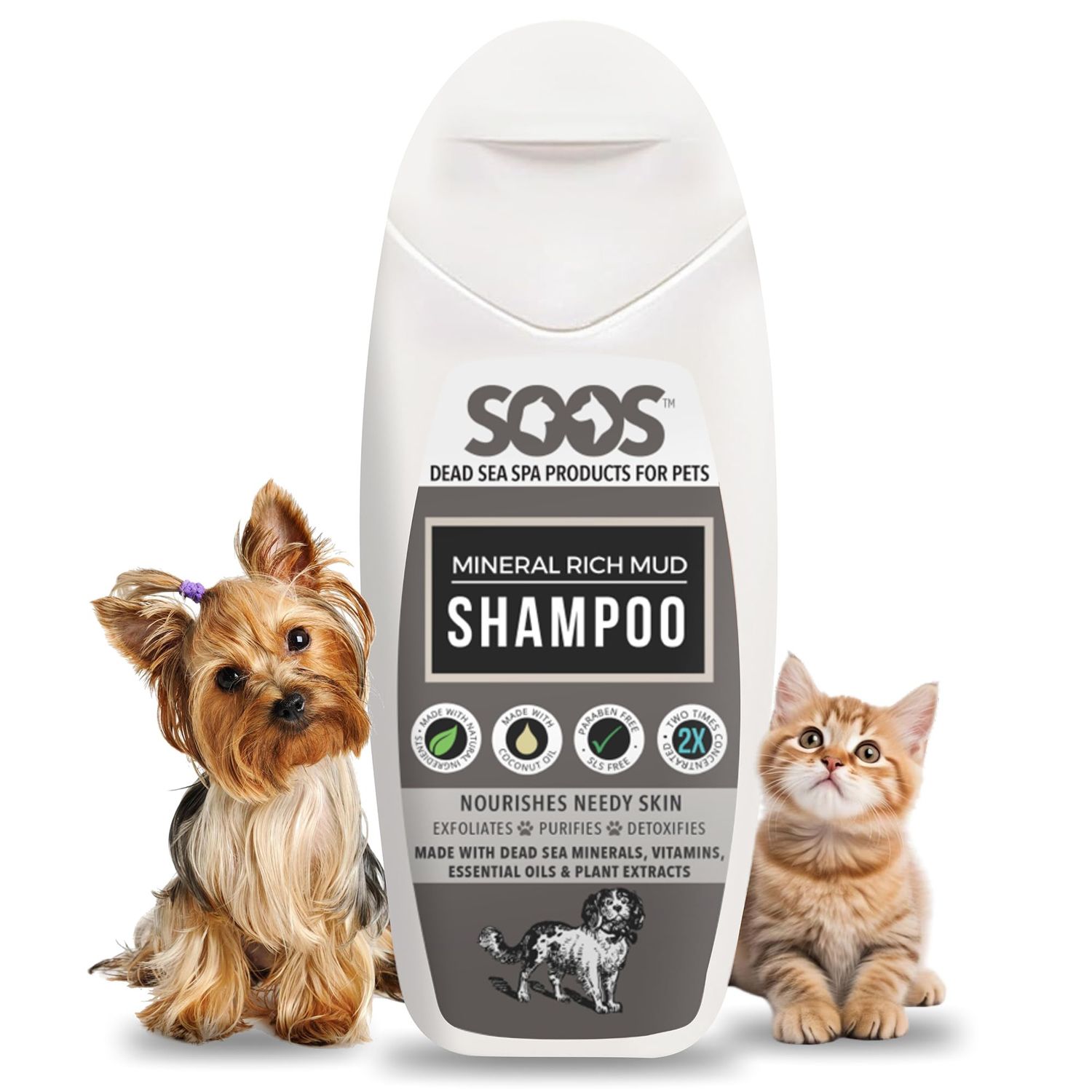 Soos Pet Dog Shampoo for Cats and Pets Mineral Rich Mud Natural Dead Sea Cruelty Free Fast Absorbing Skin Cooling First Aid Antib-acterial and Antif-ungal Odor Remover - 1x 250ml