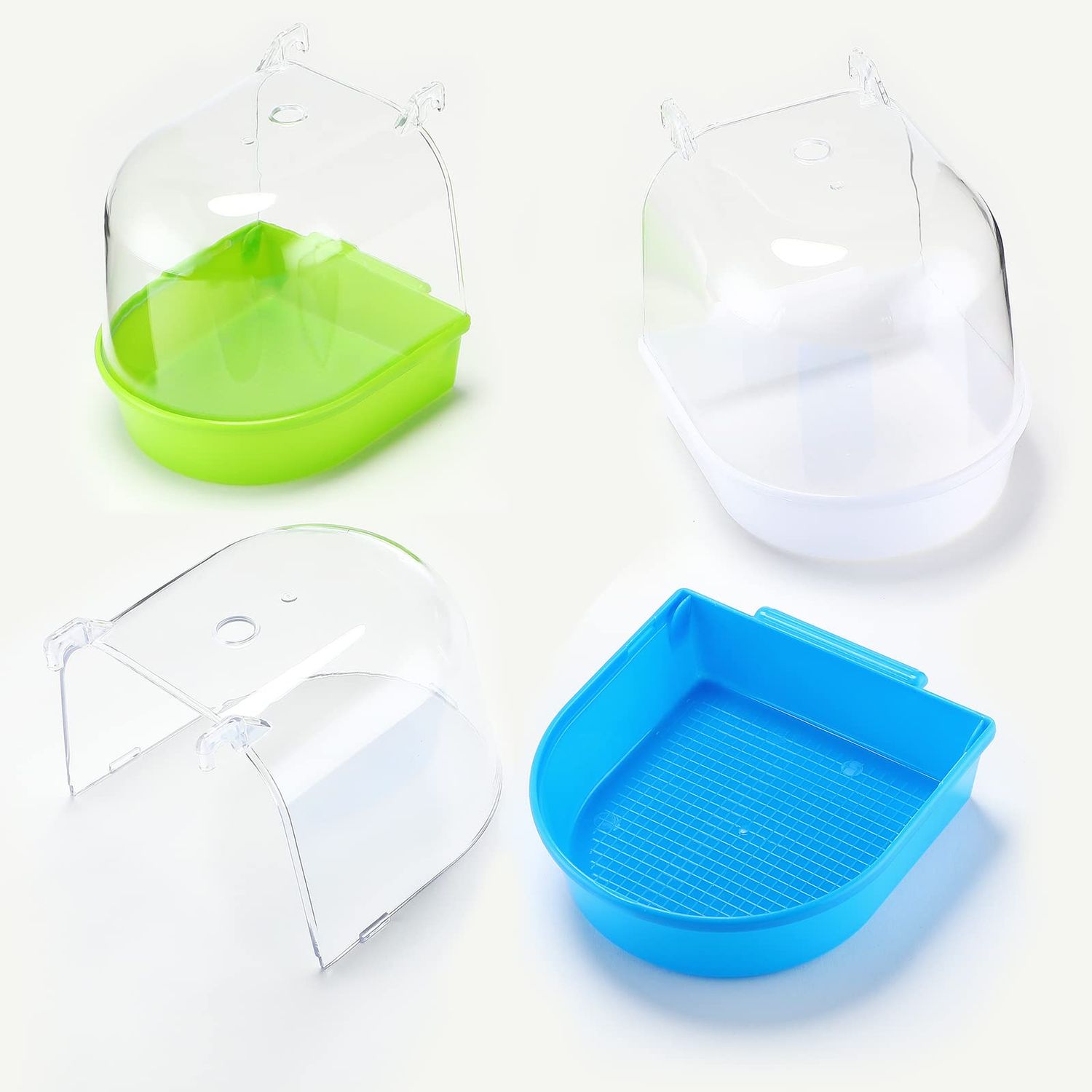 3 Pieces Clear Bird Bath for Cage Parakeet Bird Cage Accessories Hanging Bath Box Parrot Bathing Tub with Clear View for Cockatiel Conure Canary Budgies Parrots Blue Green White