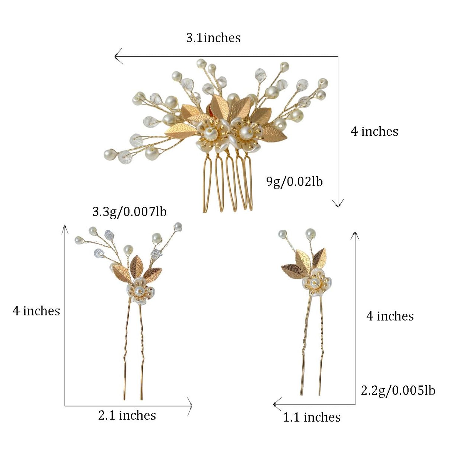 CASOLVX 5 Pieces Gold Leaf Hair Pins Bride Hair Clips Headpiece Flower Pearl Hair Forks Classic Wedding Hair Accessories for Women, Brides and Bridesmaids