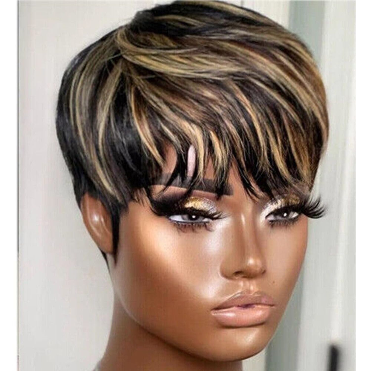 Bulapla Short Bob Wigs for Black Women Human Hair Wig Ombre Pixie Cut Wig with Bangs Layered Glueless Wig Full None Lace Machine Made Wig 1B/33 Color 130% Density