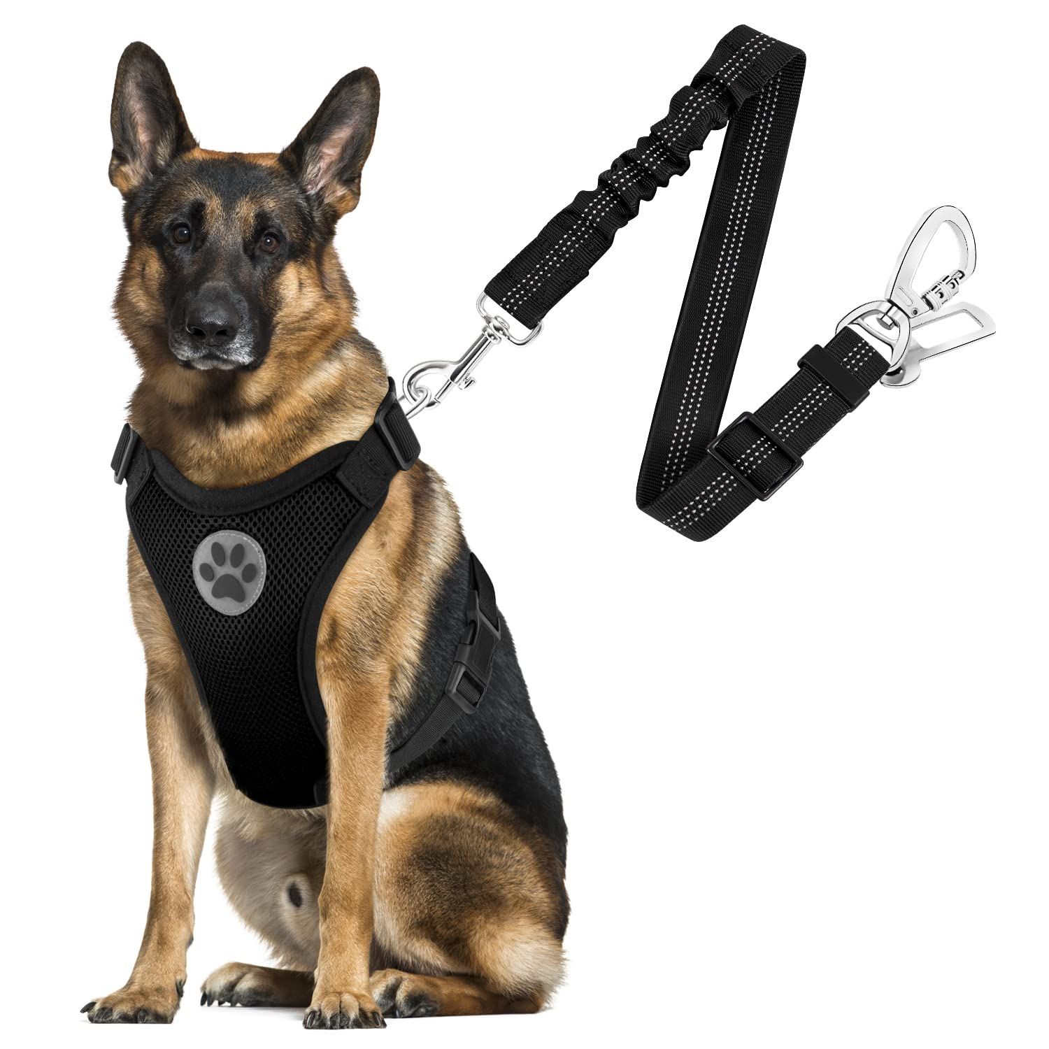 SlowTon Dog Seat Belt Car Harness Set - Adjustable Dog Seatbelt with Carabiner for Most Cars, Breathable Dog Vest Harness Padded with Car Safety Leash for Small Medium Large Dogs Puppy Cats(Black L)