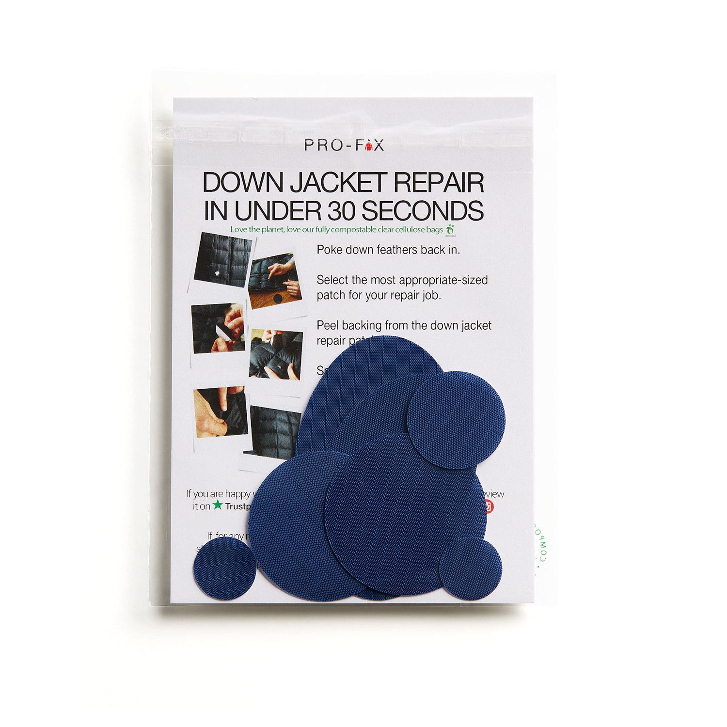 Pro-Fix Down Jacket Repair Patches - Easy to Use, Pre-Cut, Self-Adhesive, Waterproof, Tear-Resistant Rip-Stop Nylon Fabric for Jackets & Clothing - Dark Blue