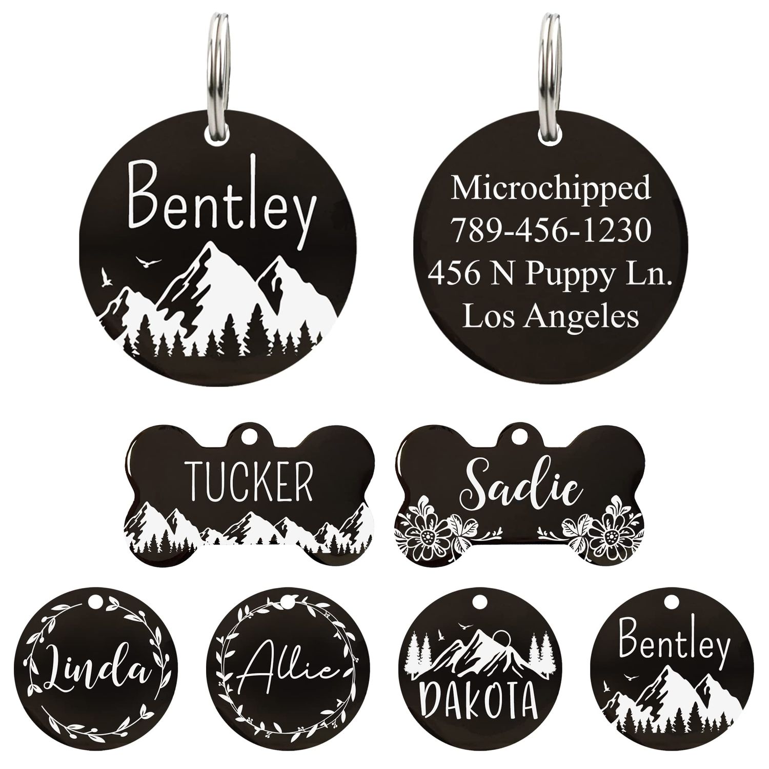 Ultra Joys Stainless Steel Pet ID Tag Dog Name Tags Personalized Front & Back Engraving, Customized Dog Tags and Cat Tags, Optional Engraved on Both Sides, Round Tag Mountain on Bottom Design Small