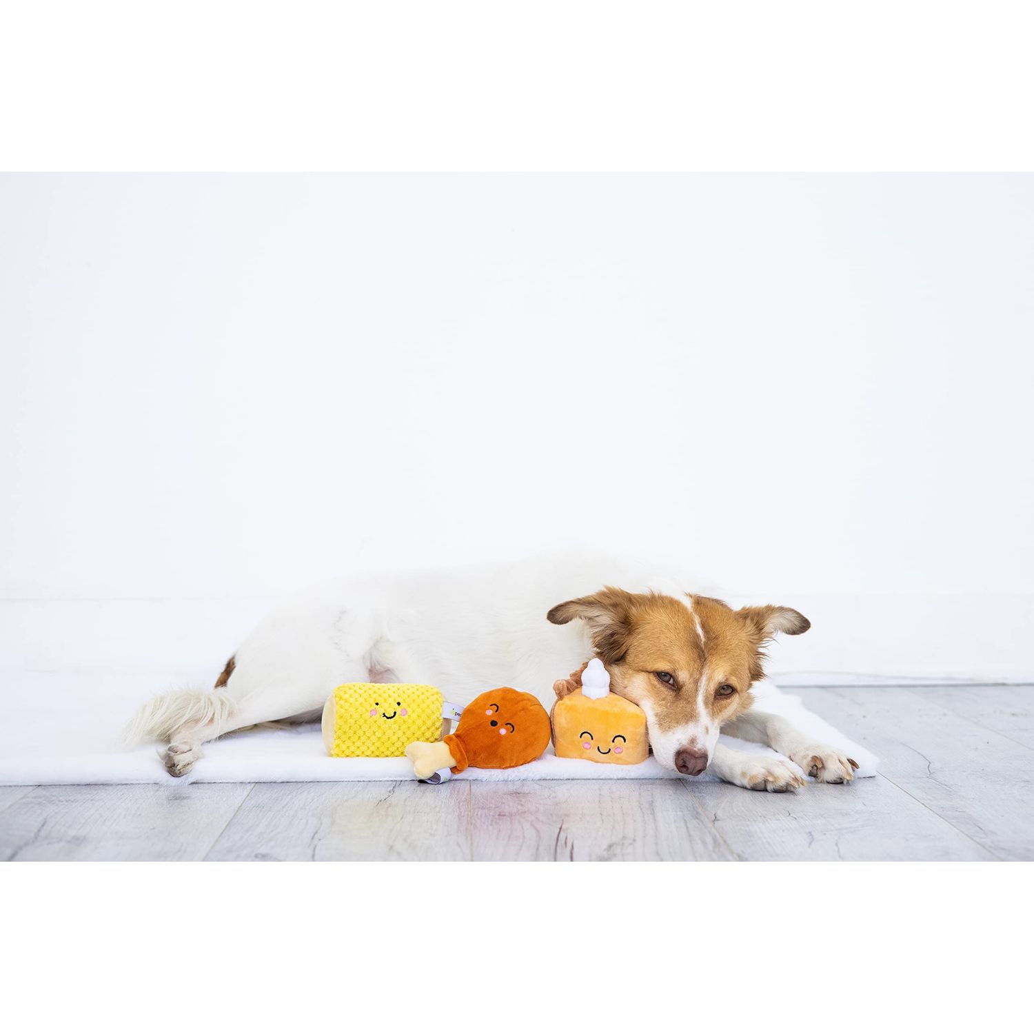 Pearhead Thanksgiving Dinner Dog Toys, Set of 3, Plush Dog Toys, Squeaky Dog Toy, Pumpkin Pie and Turkey Leg Toy, Fall Pet Toys
