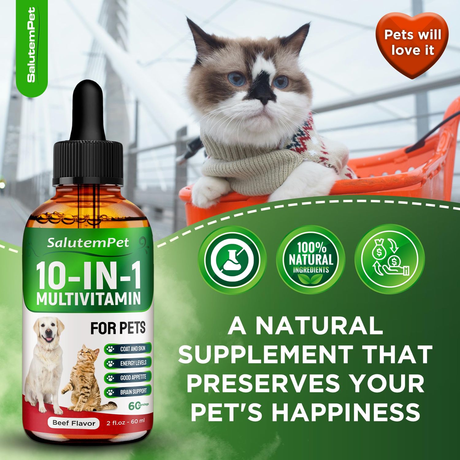 Liquid Multivitamin for Dogs - Multivitamin for Cats - Dog Vitamins and Supplements - Beef Flavor, 2 fl.oz