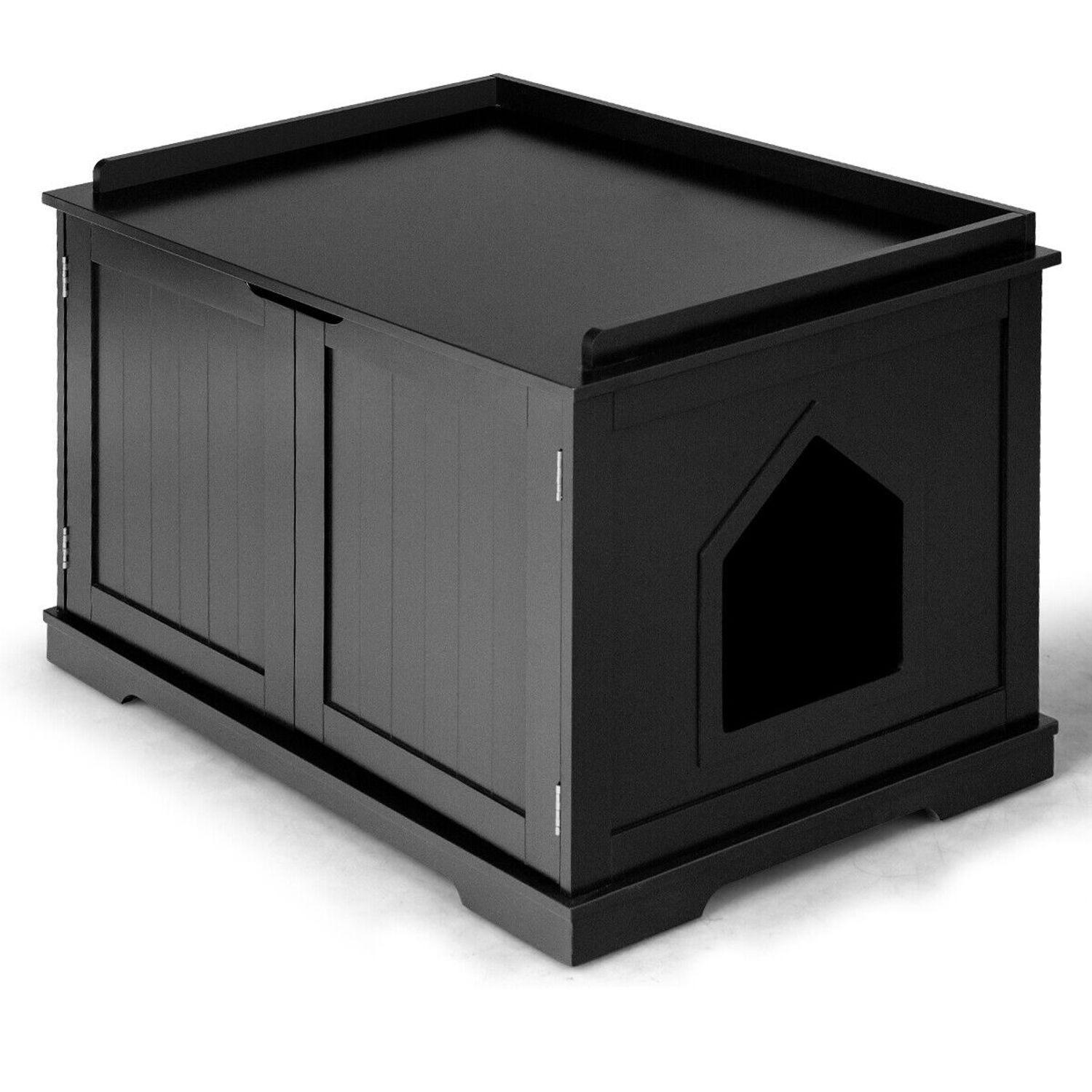 Costway Cat Litter Box Wooden Enclosure Pet House Washroom Storage Bench Black