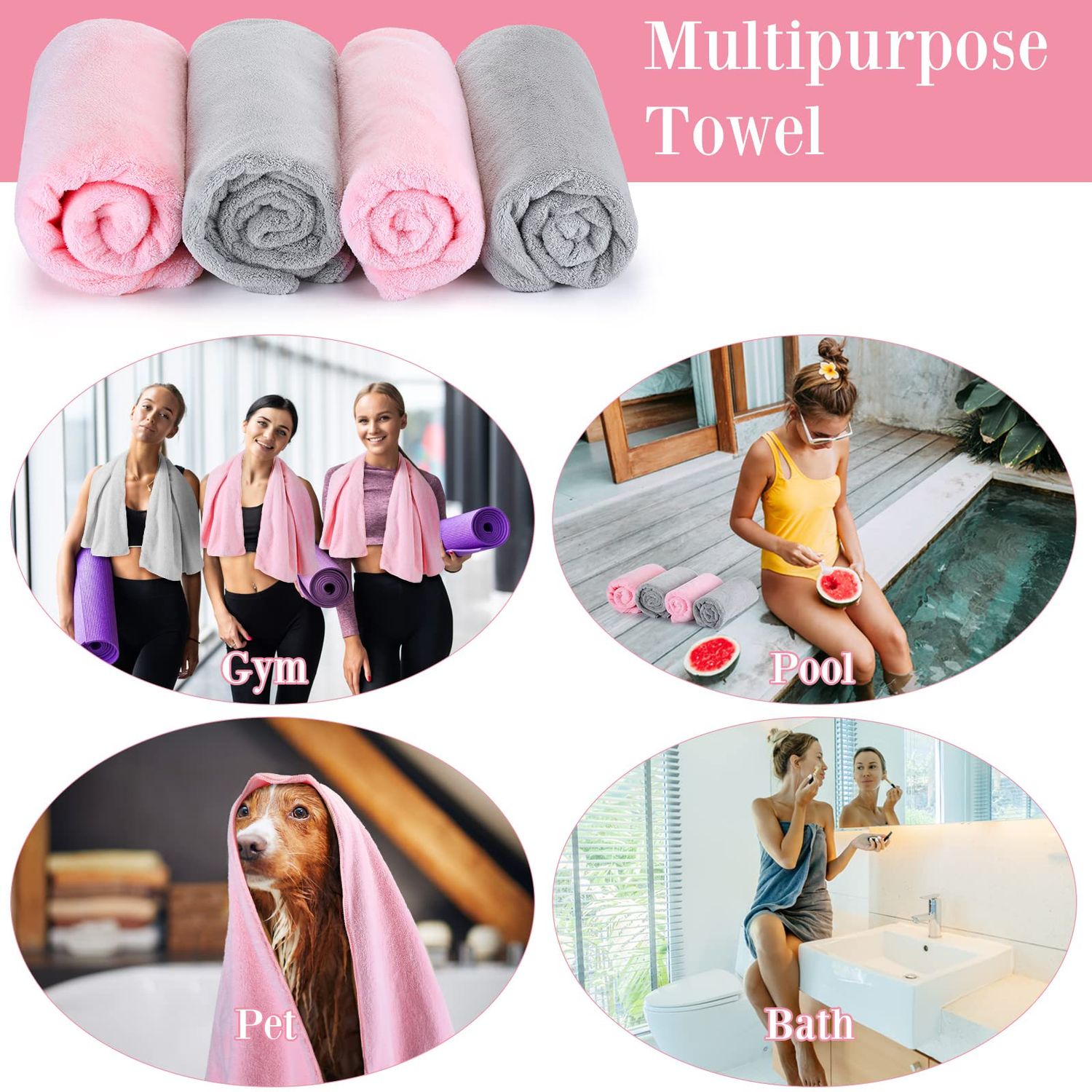 4 Pcs 20 x 40 Large Microfiber Hair Towel for Long Hair Quick Dry Hair Towel Absorbent Hair Towels Anti Frizz Drying Towel Hair Towel Wrap for Curly Hair Long Short Hair Women Girls, Pink and Gray