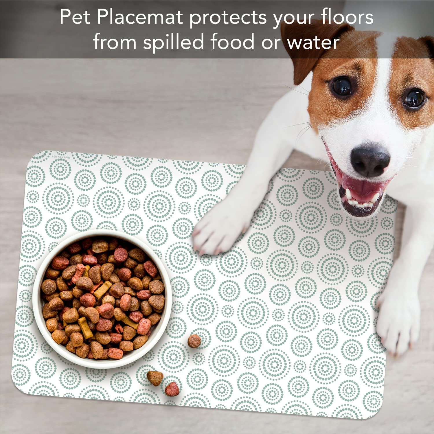 CounterArt Dots & Circles Easy Care Waterproof Pet Placemat 17.13” x 11.25” Made in The USA of BPA Free Plastic, Safe for Pets, Protects Floors from Cat & Dog Bowls