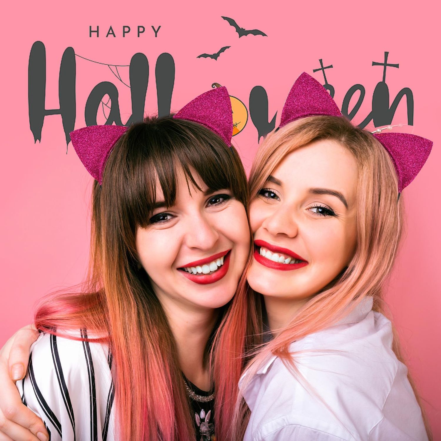 Cat Ears Headband for Women Girls - Cute Sparkle Glitter Hairband Halloween Cosplay Cat Costume Hair Accessories for Adult Kids Birthday Daily Wear Rose Red
