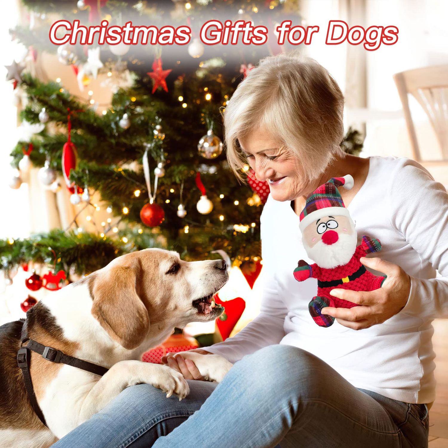 YUEPET Christmas Dog Squeaky Toys, Plush Dog Toys for Cleaning Teeth, Funny Santa Interactive Dog Toys Suitable for Puppies Small Medium Dogs