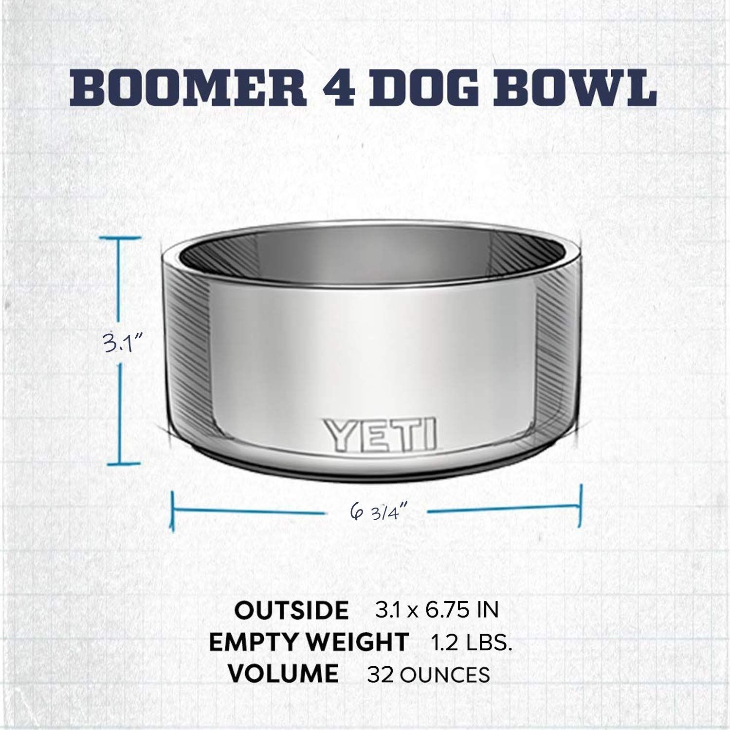 YETI Boomer 4, Stainless Steel, Non-Slip Dog Bowl, Holds 32 Ounces, Stainless Steel