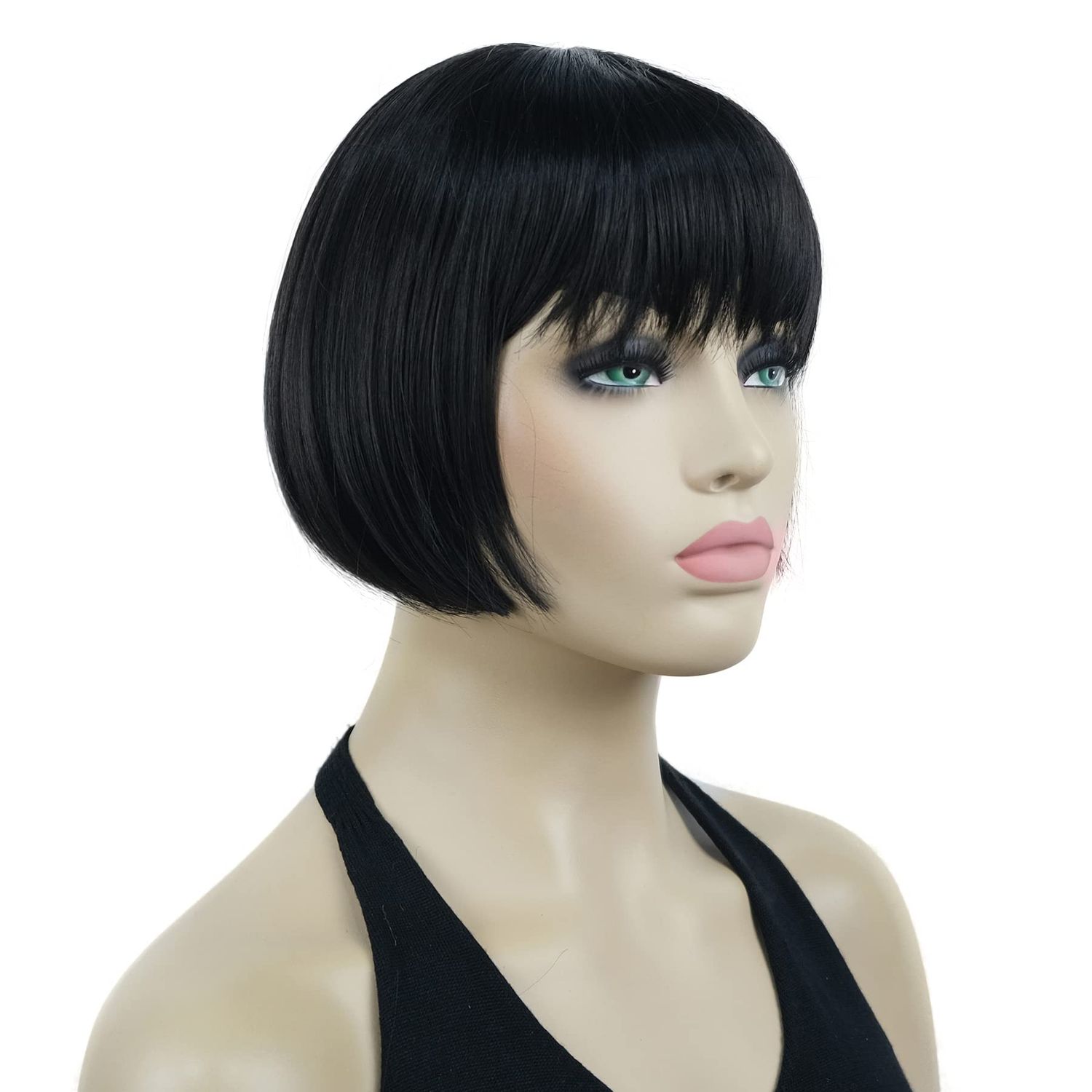 Lydell 6" Straight Short Bob Hair Flat Bangs Cute Central Dot Skin Top Heat Resistant Synthetic Wigs (Natural Black)