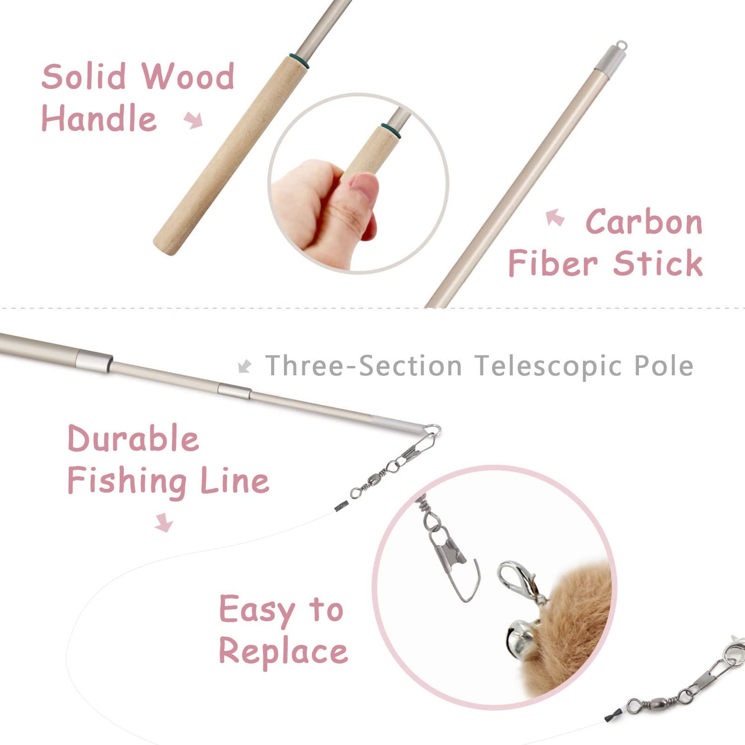 SONGWAY Cat Interactive Feather Toys - 7 PCS Cat Toys Set for Indoor Cats, Retractable Cat Wand Toy, Cat Feather Toys with Bell,Replaceable Cat Feather Tail Toy, Kitten Toy Gift, Pink
