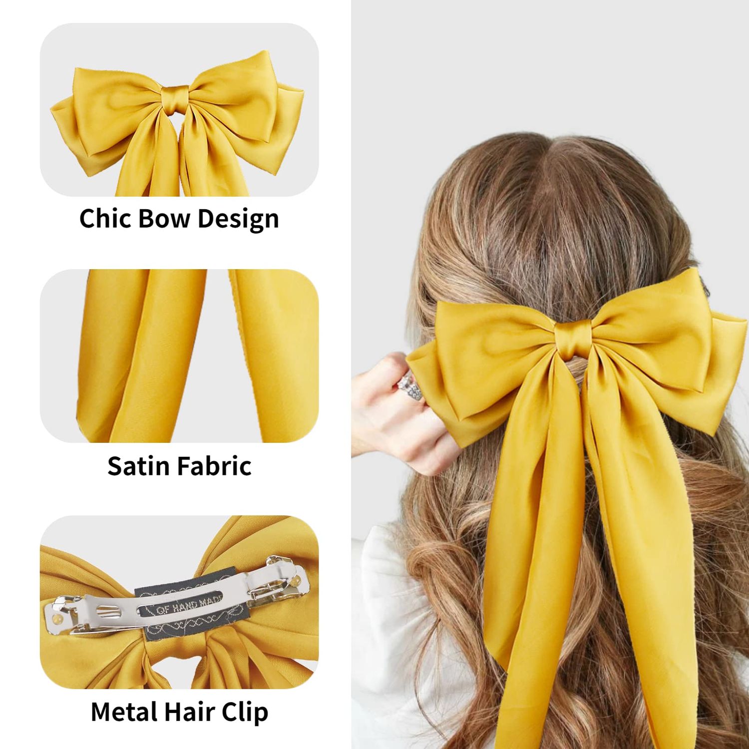 Large Satin Layered Hair Bows Hair Barrettes Clip Long Ribbon Bows Silky Bowknot with long Tail French Style Hair Accessories for Women Girls, 5 Colors