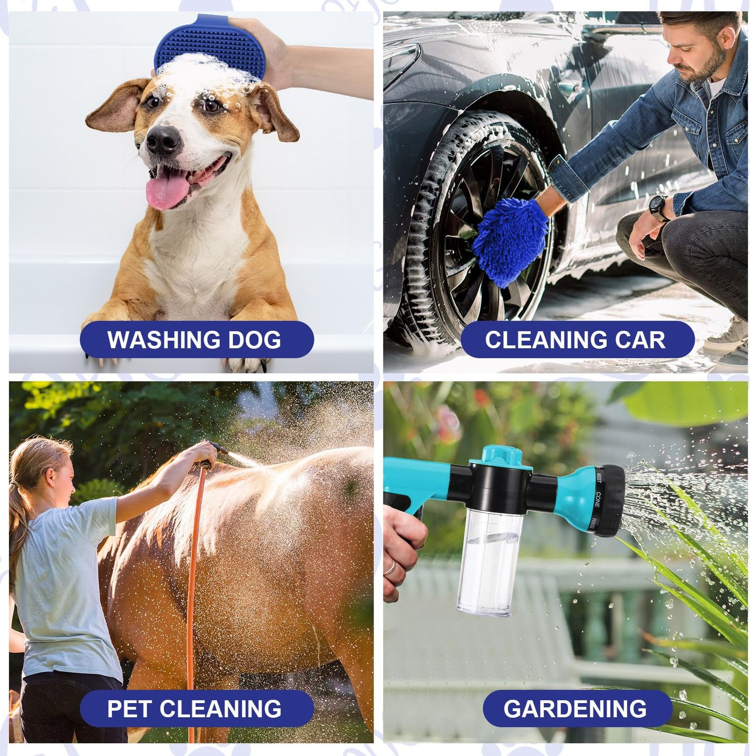 Baderke 10 Piece Dog Washing Hose Attachment Dog Hose Nozzle with Soap Dispenser Pet Shower Tool Set Dog Comb Bath Brush Towel Car Wash Mitt Brass Converter Tape for Pet Garden Car Washing (Blue)