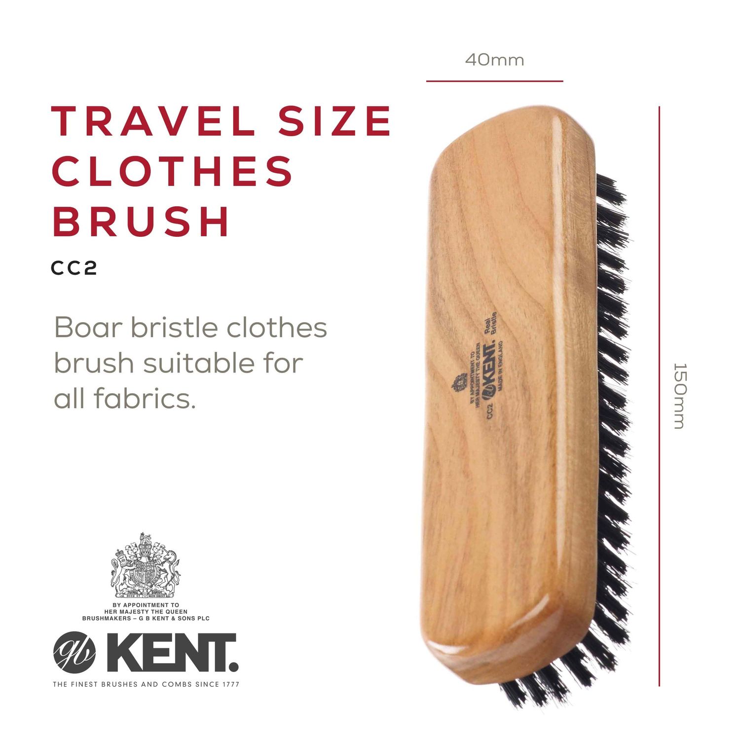 Kent CC20 Double-Sided Clothes Brush Boar Bristles Lint Remover. Firm for Dust and Dirt, Soft for Gentle Brushing for Keeping Fabrics Free from Fibres, Fluff and Pet Hair. Cherrywood. Made in England