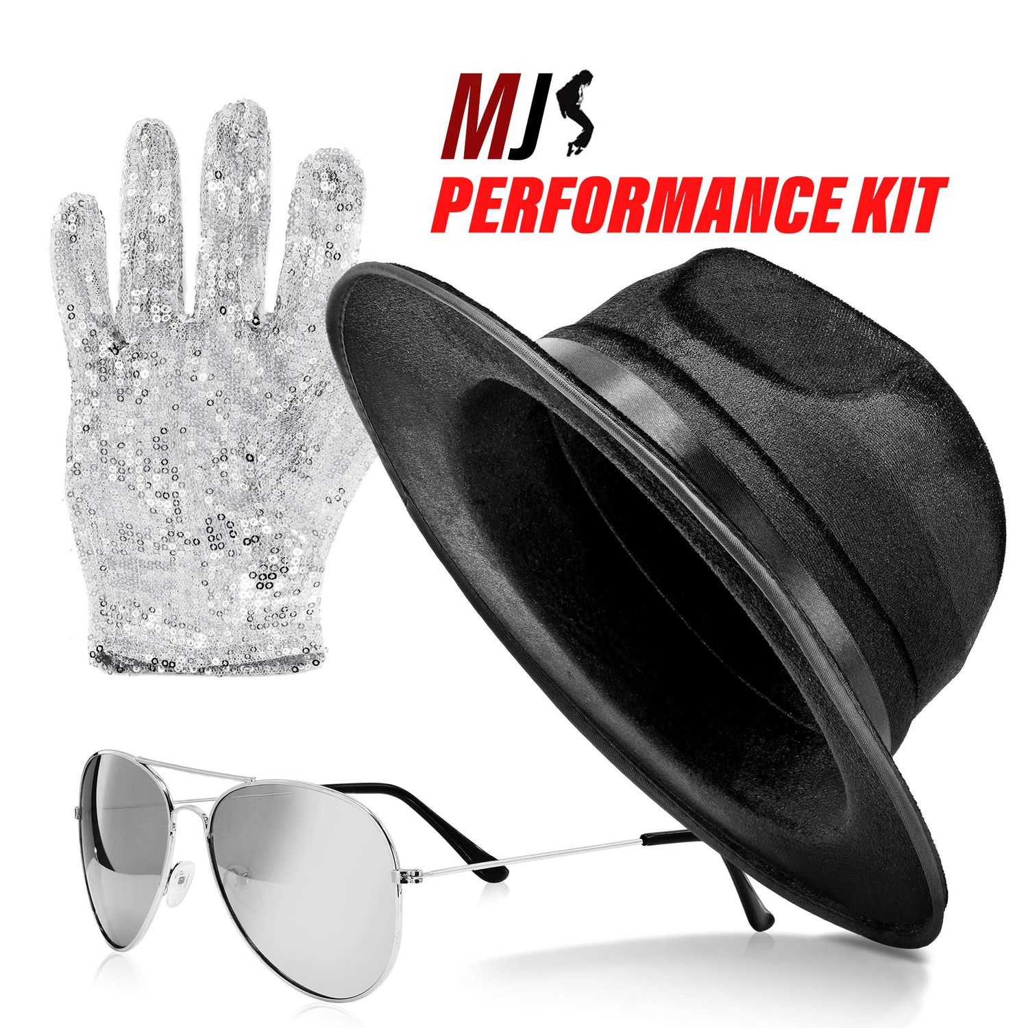 King of Pop MJ Costume with Bad LP Accessories, Black Fedora Hat, Silver Sequin Glove, Aviator Sunglasses, and thank you card Novelty Cosplay and Halloween Dress Up Props