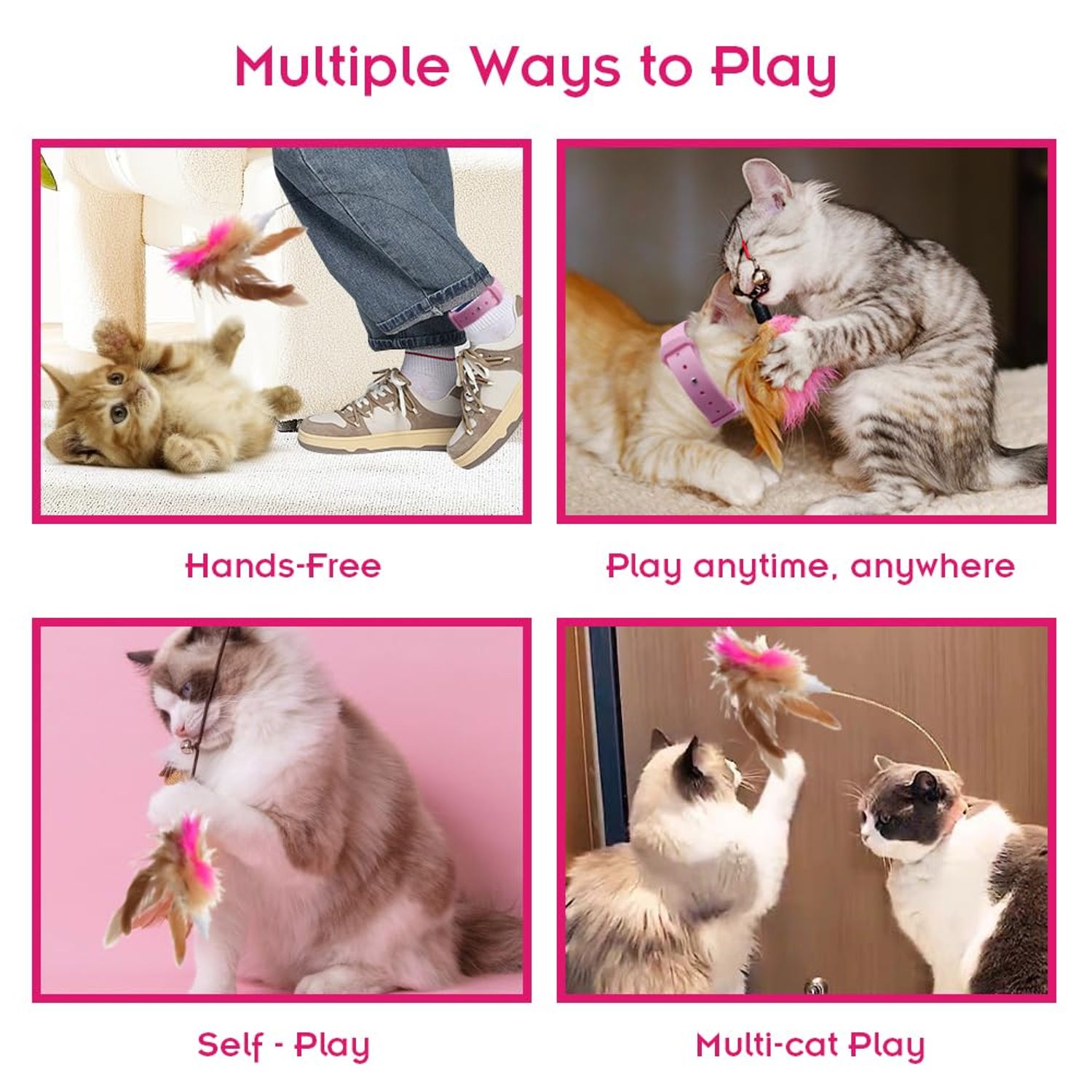 Abnaok Cat Feather Collar Toys, Interactive Cat Toys for Indoor Cats Teasing Wand Collar Funny Cat Toy with Bell and Replaceable 3 Feathers Refills Multiple Ways for Cats to Play