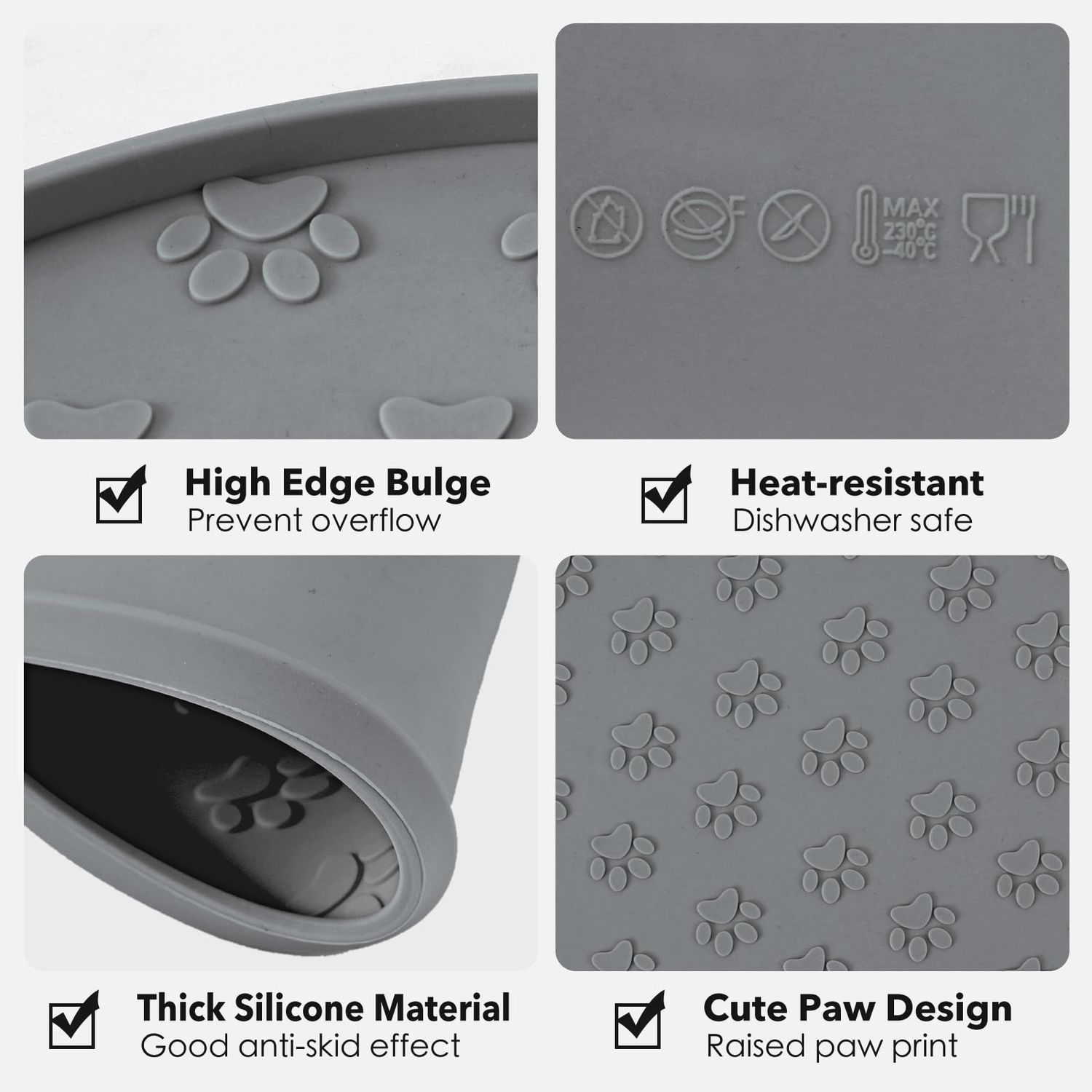 Silicone Pet Food Mat - Waterproof Dog Food Bowl Mat Cat Feeding Mat Thicker Pet Placemat Eating Mat with High Lip to Prevent Spills, Dog & Cat Water Bowl Mat for Messy Drinkers to Protect Floors，Gray