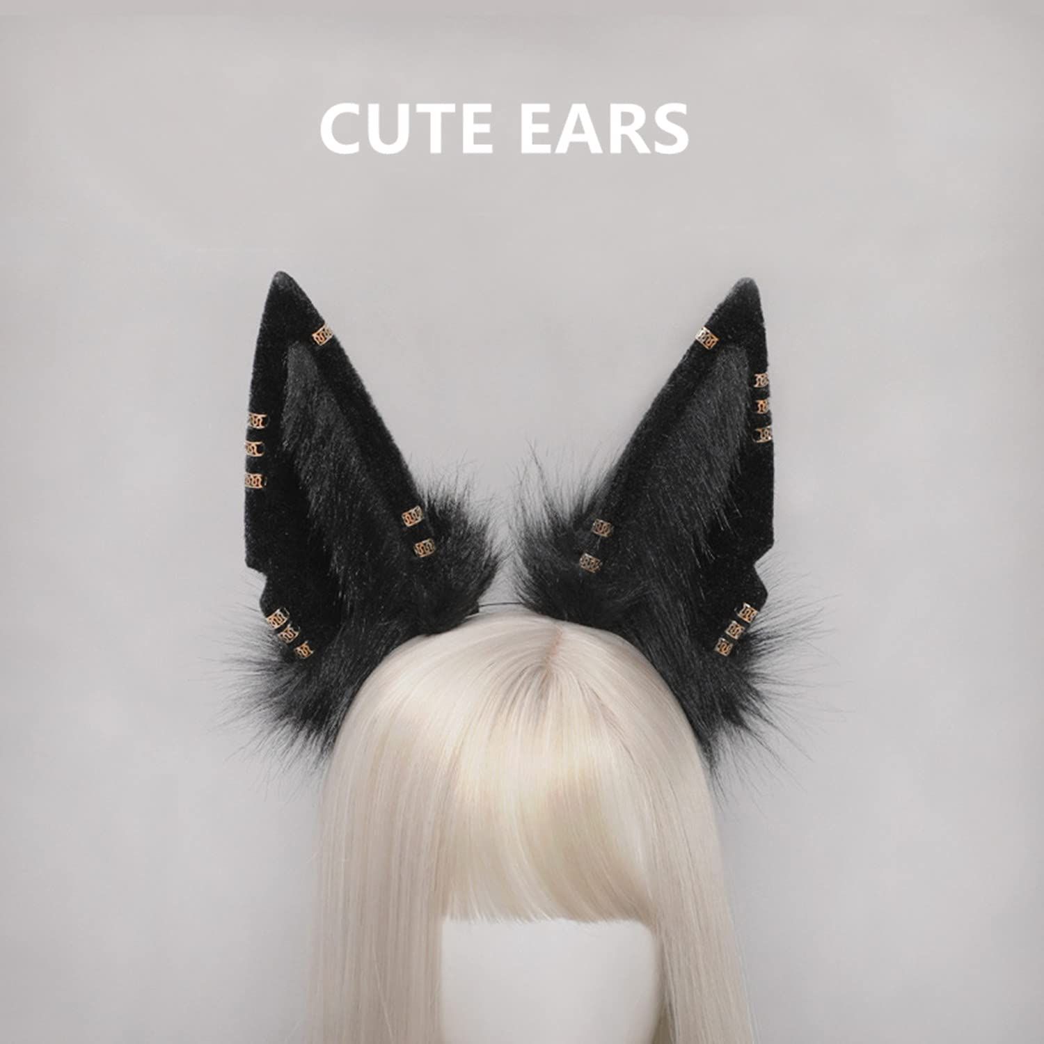 Fxaelian Cosplay Fox Wolf Cat Dog Ears Headband Hairband Hair Hoop Halloween Costume Party Headpiece Headwear Hair Accessories for Women Men Black