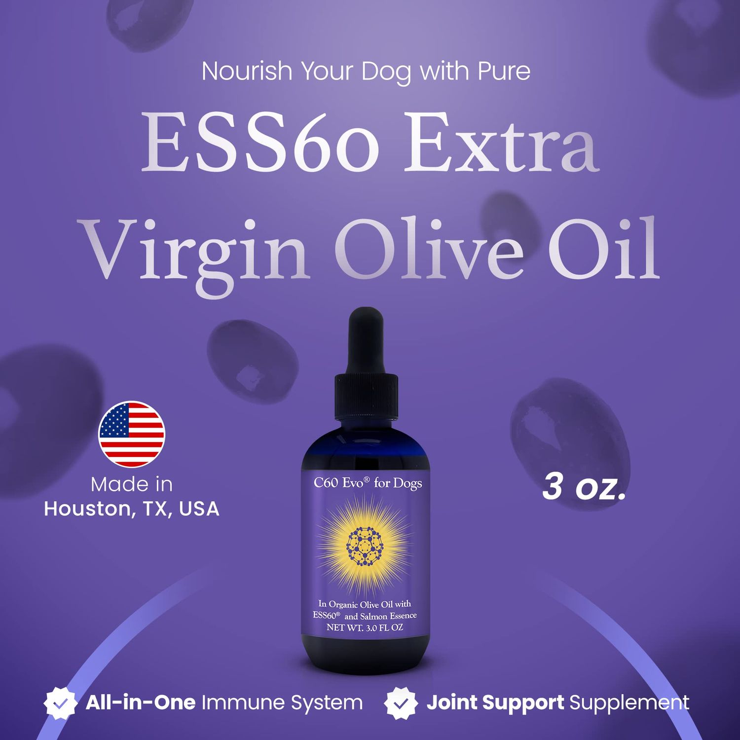 C60 Evo Dog Supplement, Pure ESS60 in Extra Virgin Olive Oil for Dogs, All-in-One Dog Immune Supplement, Dog Joint and Energy Support, Infused with Natural Bacon Essence, 3 oz - C60 Evo