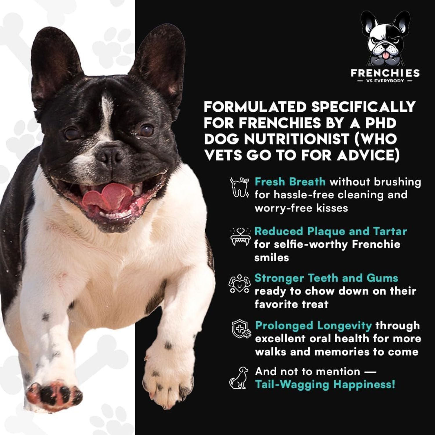 French Bulldog Optimized Dog Teeth Cleaning Powder Plaque Remover & Tartar Control - Dog Breath Freshener Strong Teeth & Gums - Dog Dental Powder Easy Teeth Cleaning - Herbal Blend - USA (60 Scoops)