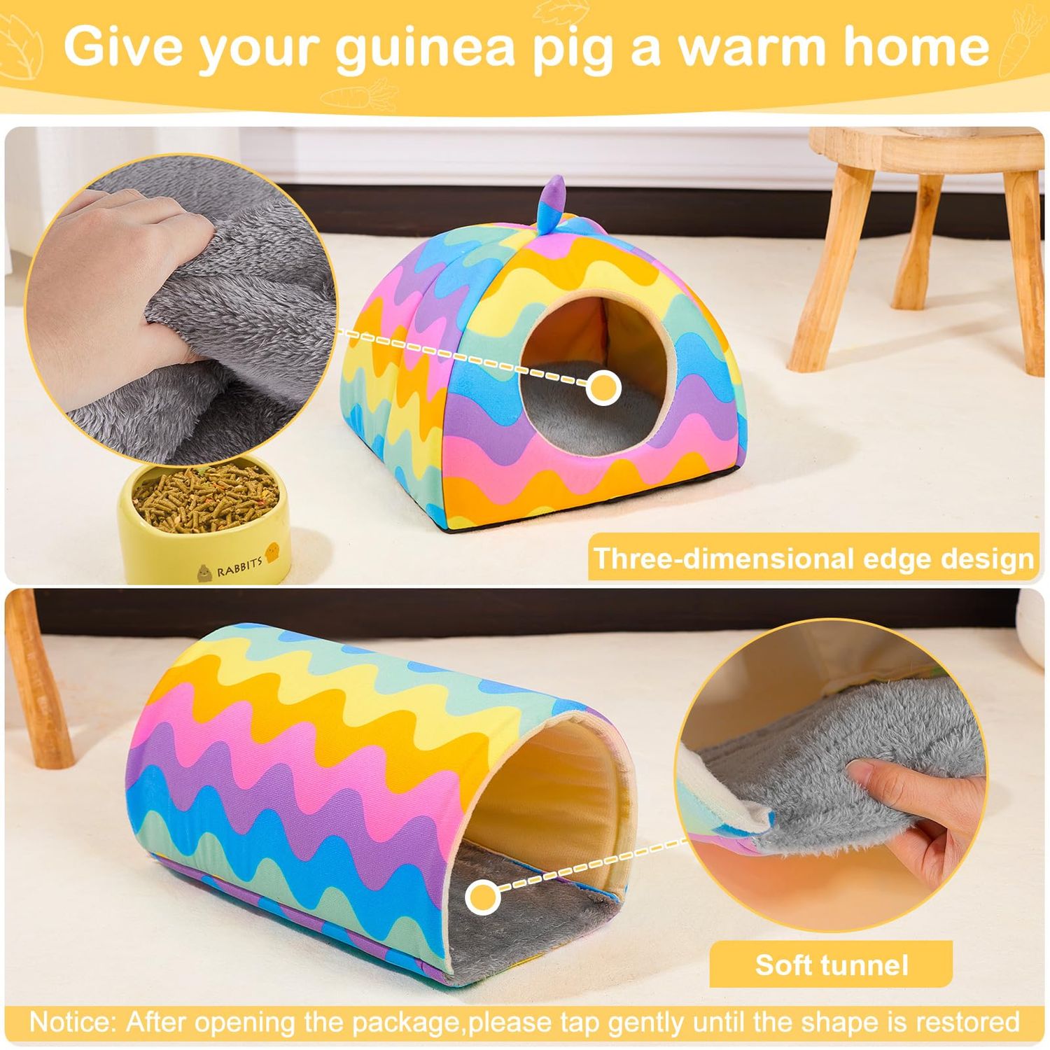 Guinea Pig Hideout, Glittme Soft Guinea Pig Bed and Tunnel, 2 Pack Washable Guinea Pig Tunnel with House Guinea Pig Accessories for Hamster, Rabbit, Bunny, Small Animal