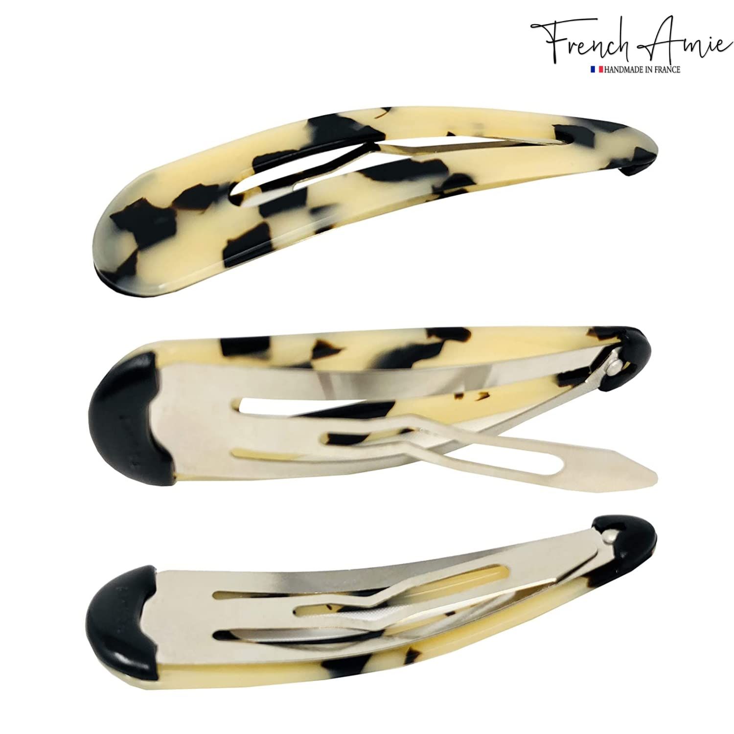 French Amie Clic Clac White Tokyo Large Handmade Celluloid Set of 2 French Snap Clip Barrette Hair Slides Women Strong Hold No Slip Side Slide-in Girls Women Hair Accessories, Made in France