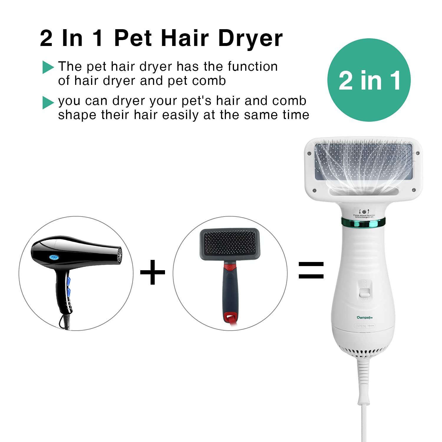 Ownpets Pet Hair Dryer, 2 in 1 Quiet Portable Pet Grooming Blower with Slicker Brush, Adjustable Temperature & Fast-Drying Towel, Home Pet Care for Dogs, Cats & Other Coated Breed