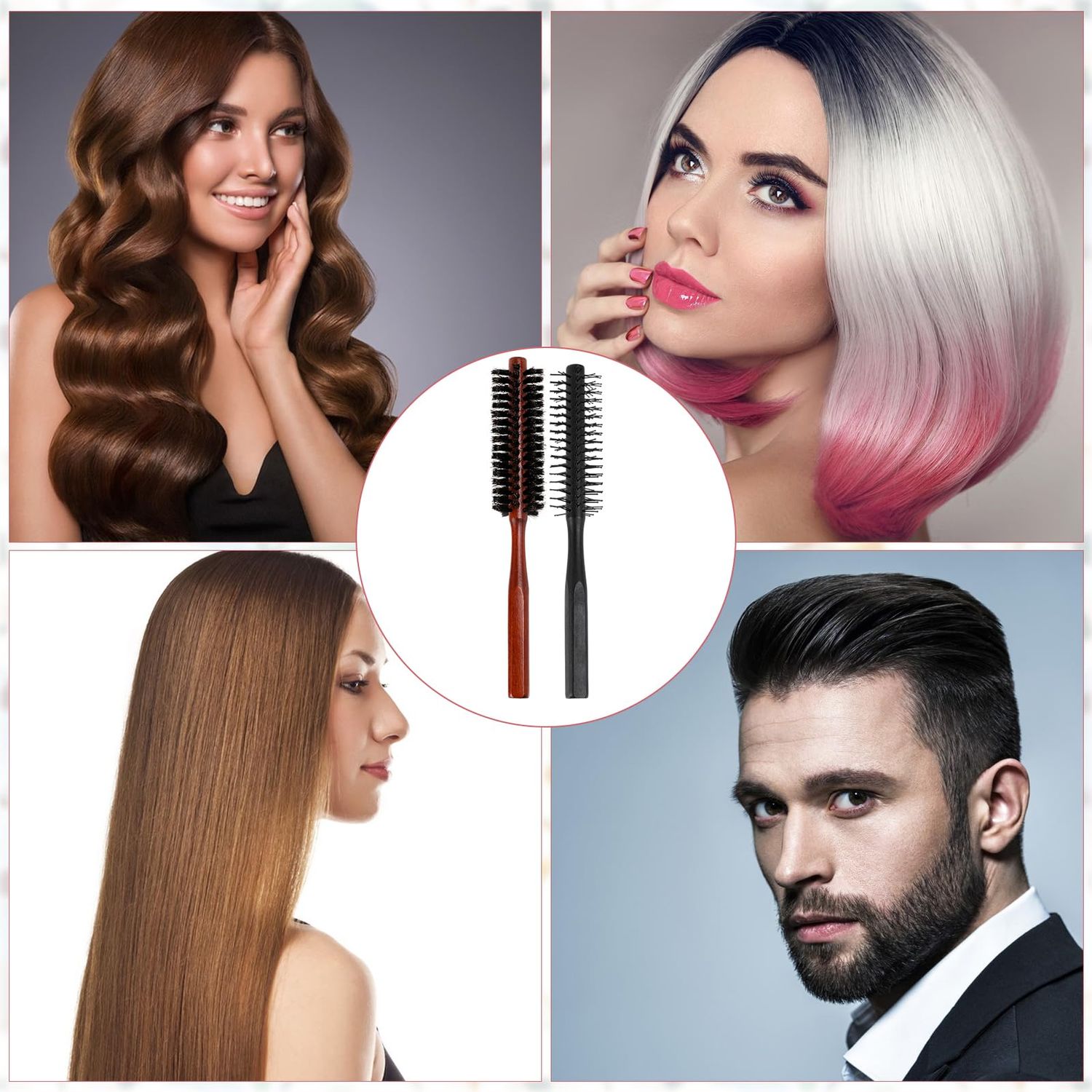Small Round Hair Brush, Boar Bristle Brush Curling Brush Travel Round Brush for Blow Drying and Nylon Bristles Hair Comb with Wood Handle, Roller Hairbrush for Women, Beard Brush for Men(Black & Red)
