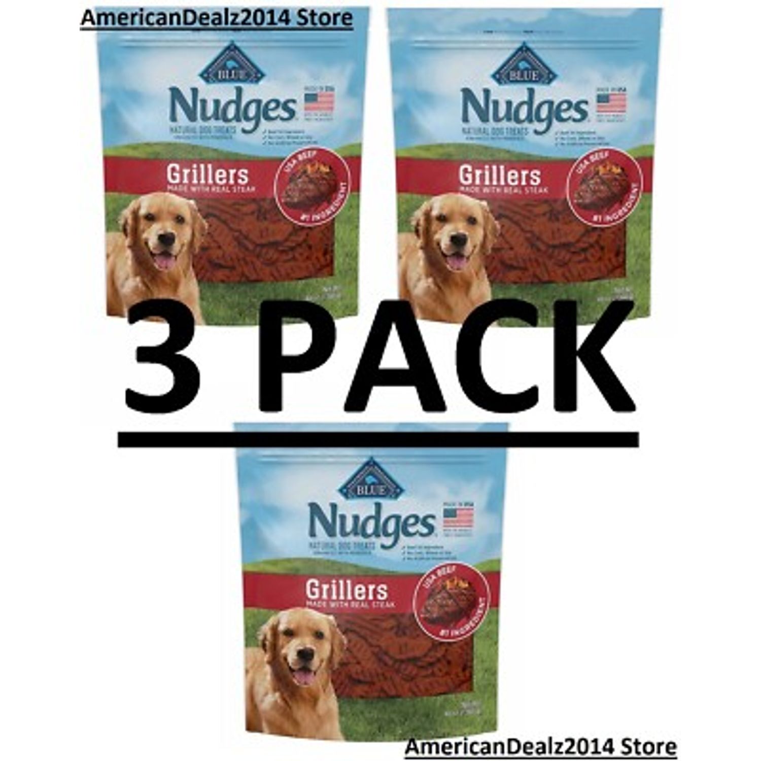 3 PACK - Nudges Wholesome Dog Treats, Steak Grillers 3 lbs (Total 9 lbs)