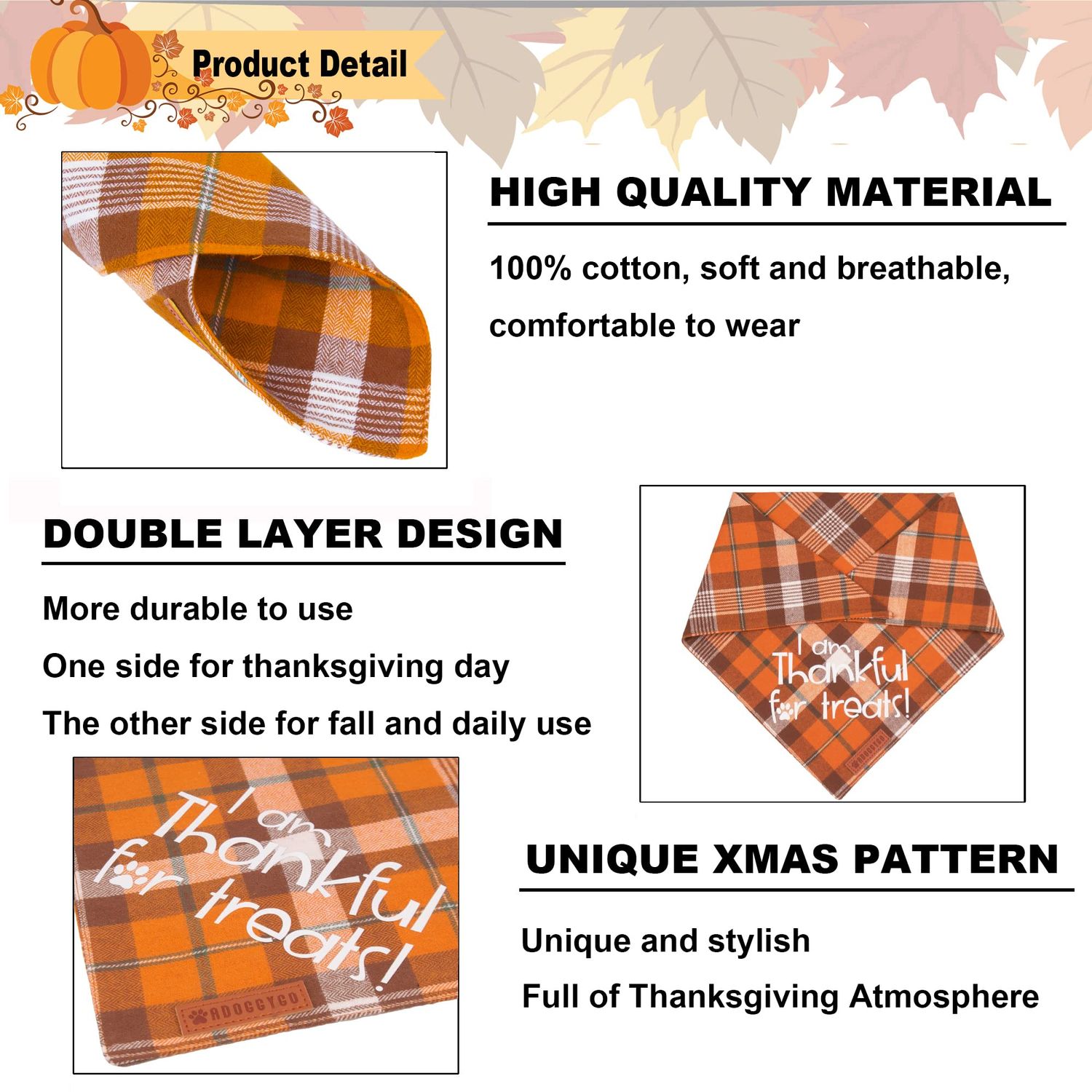 ADOGGYGO Thanksgiving Dog Bandanas, Orange Plaid Pet Scarf, Premium Cotton Fabric, Multiple Sizes Offered, Fall Thanksgiving Bandanas for Large X-Large Dogs Pets (X-Large, Thanksgiving)