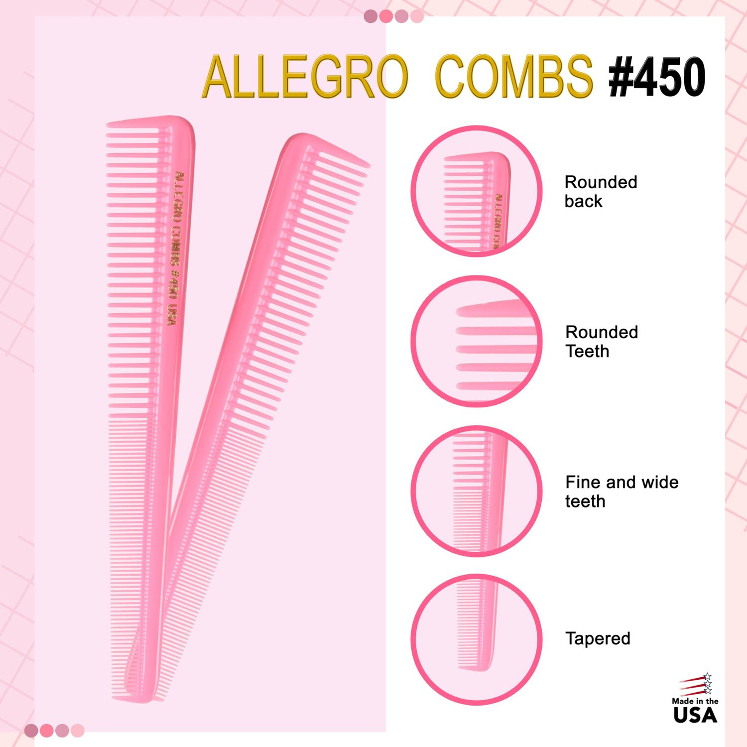 Allegro Combs 450 Tapered Hair Combs Barber Combs Hair Cutting Combs Women's Combs Men's Combs 6 Units (Fresh Pink)