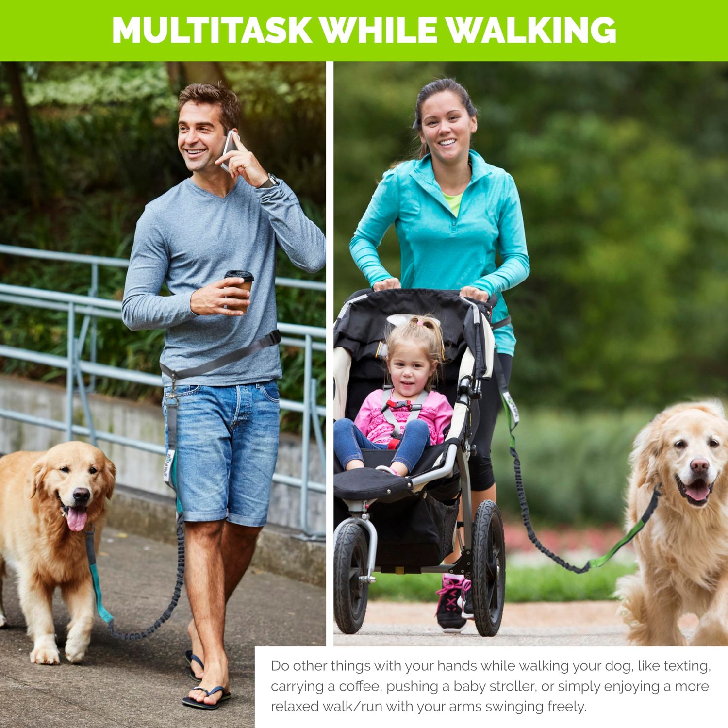 Tuff Mutt Hands Free Dog Leash For Running That Makes A Great Waist Leash for Dog Walking, Double Handle Bungee Leash with Reflective Stitching and Adjustable Dog Walking Belt