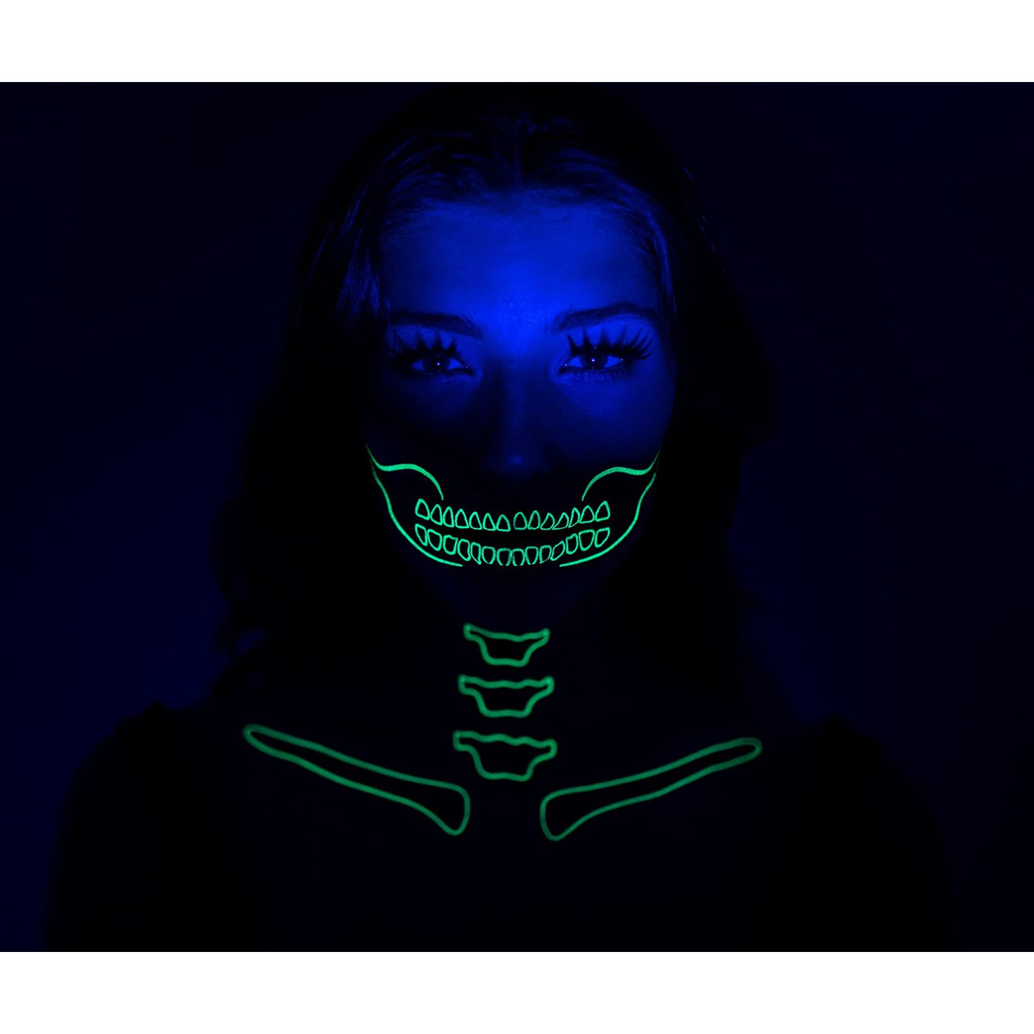 Tattoocrew 2 x Neon Skull Face Pink Temporary Tattoo, Halloween Costume for Women and Men, Adult, Glow in the Dark