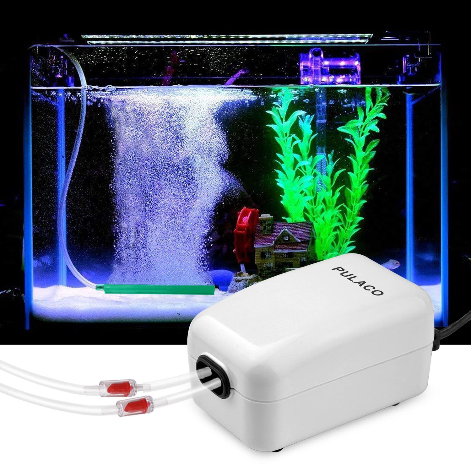 PULACO Dual Outlet Aquarium Air Pump, Quiet Oxygen Pump with Accessories for 10 to 100 Gallon