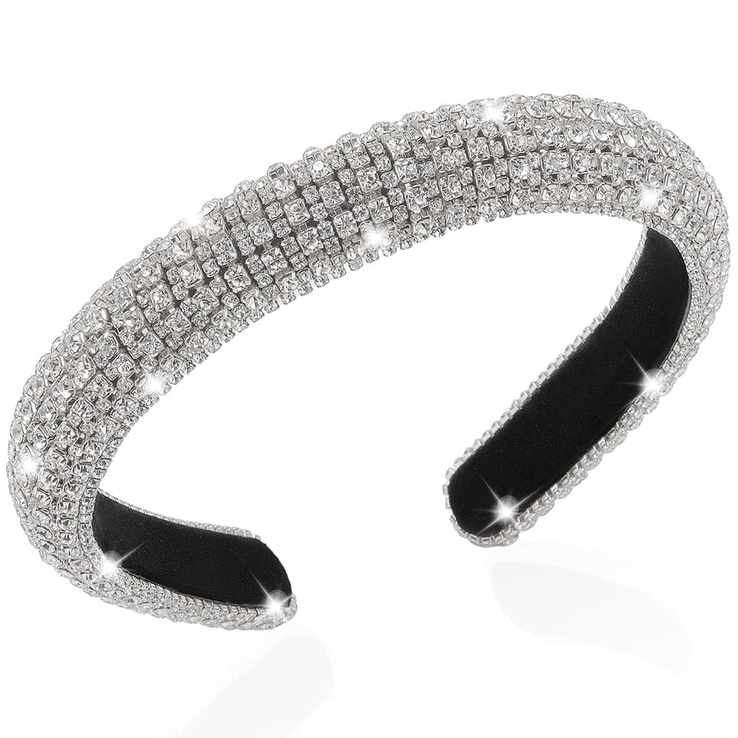 AHONEY Rhinestone Headband for Women Girls, Hair Bling Crystal Glitter Sparkly Diamond Padded Headband Fancy Jeweled Headpiece Holiday Hair Accessories Birthday Gifts (Silver)