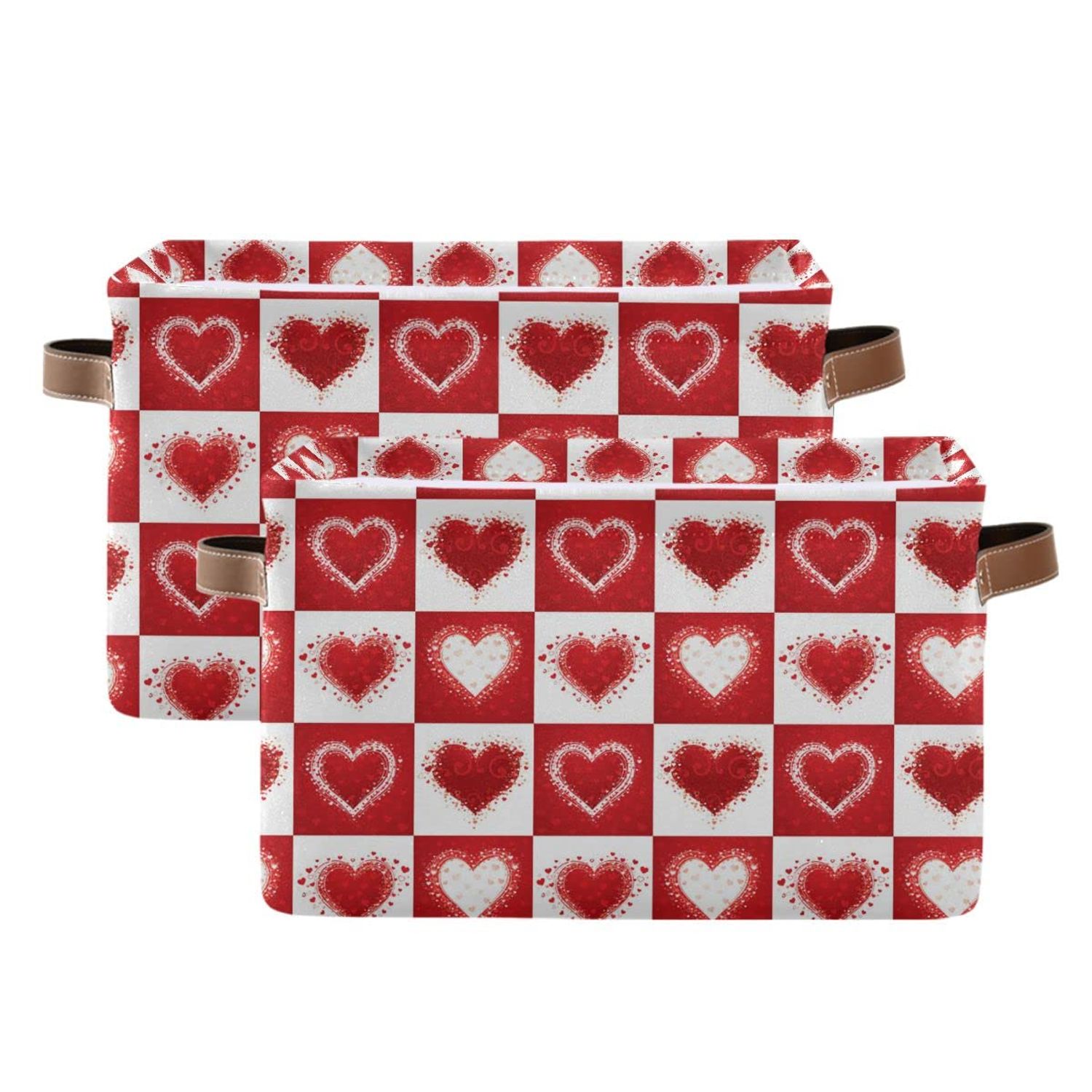 Happy Valentine's Day Love Heart Storage Basket Fabric Laundry Baskets Red White Buffalo Plaid Storage Boxes Organizer Bag for Baby Cloth Dog Toy Book Storage Cubes Shelf Closet Bins 16×12×8 Inches